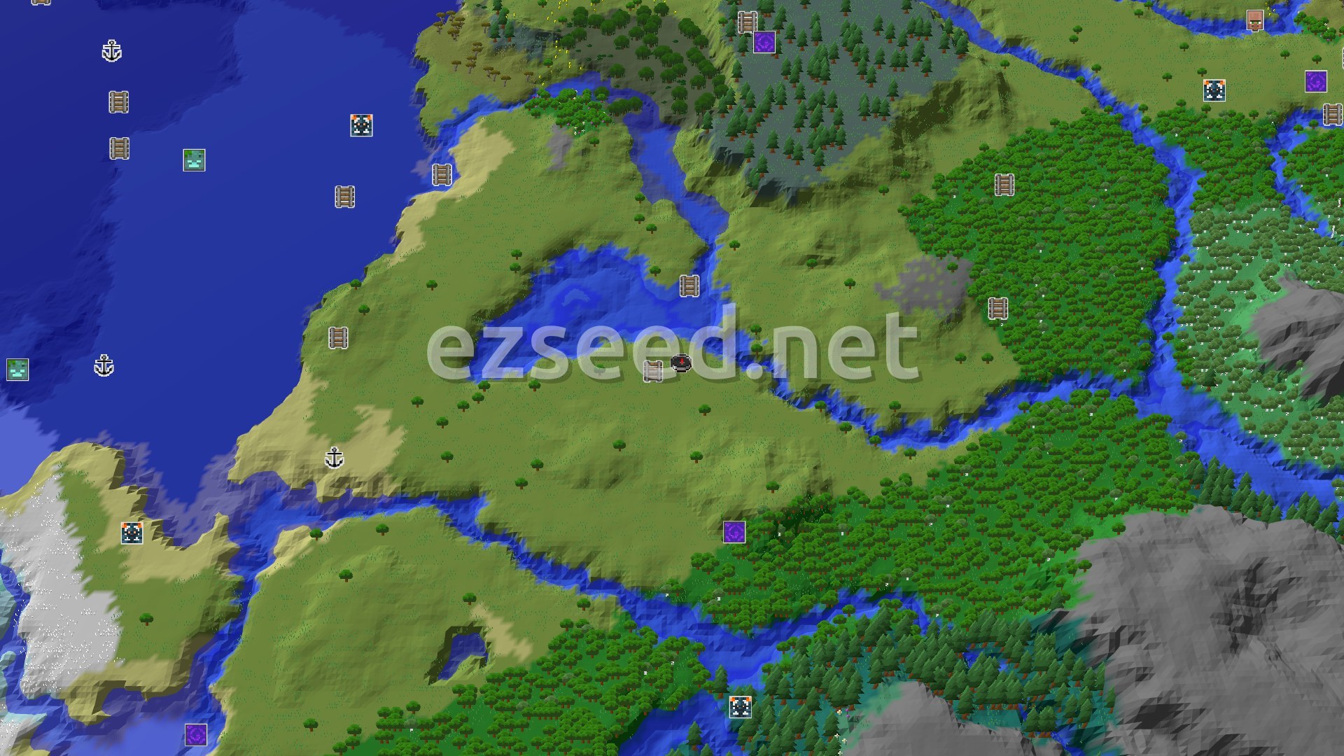 Aerial Minecraft seed map — A Modest Start with Hidden Underground Riches