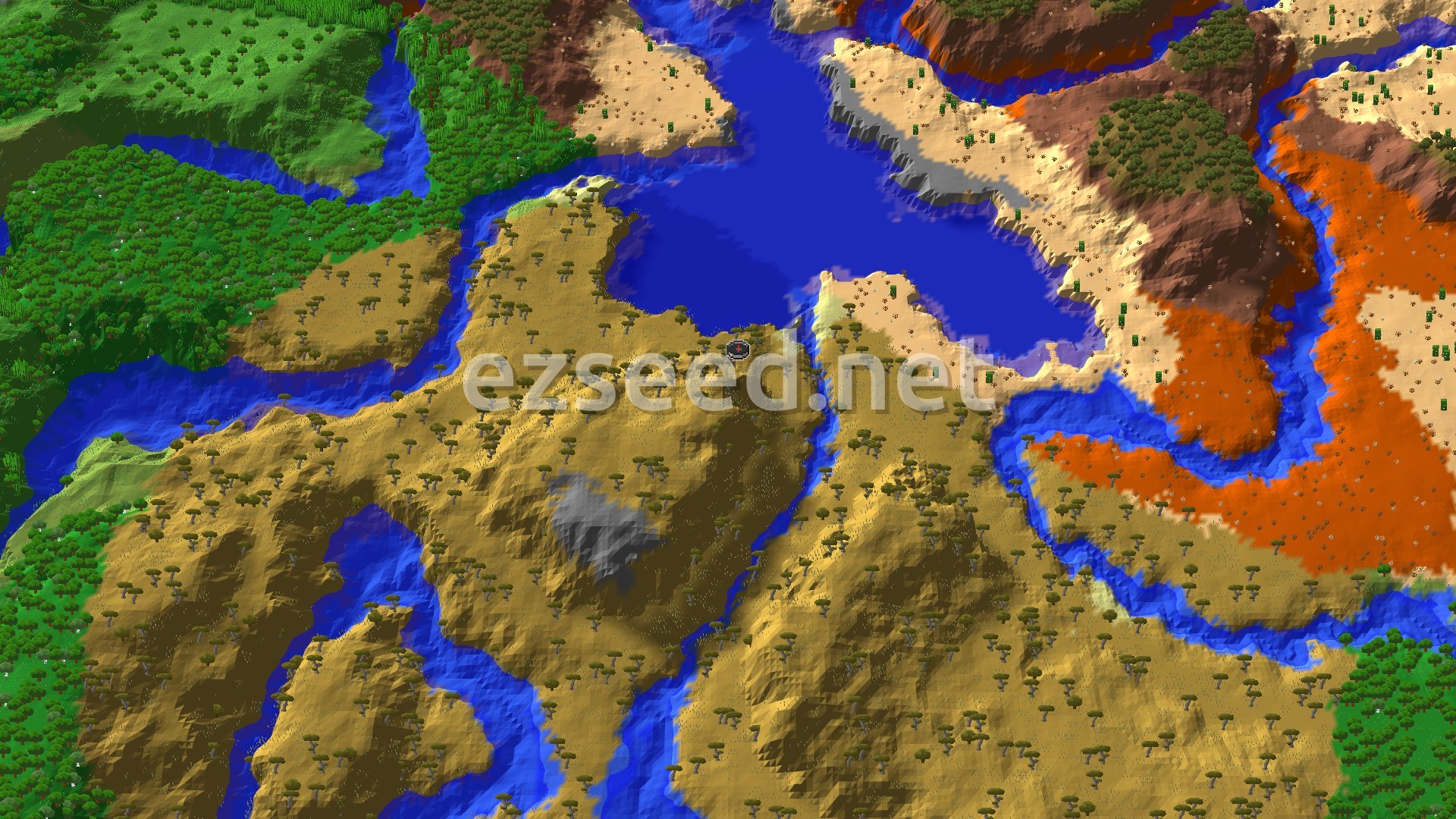 An aerial view of a large savanna biome with scattered acacia trees, bordered by a wide river and a desert, with a small spawn marker in the center.