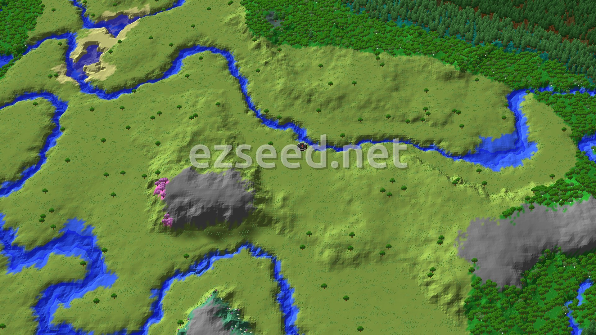 An aerial view of a mostly flat plains biome with a meandering river and scattered trees, bordered by a forest to the north and some hills to the south. A small cluster of pink-leafed trees indicates a nearby cherry grove.