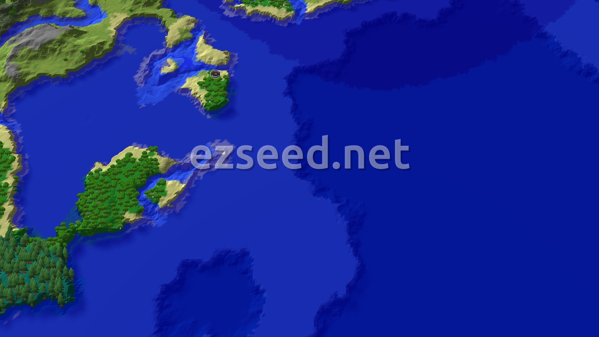 Aerial Minecraft seed map — Forest Spawn with Nearby Shipwreck and Ocean Ruin