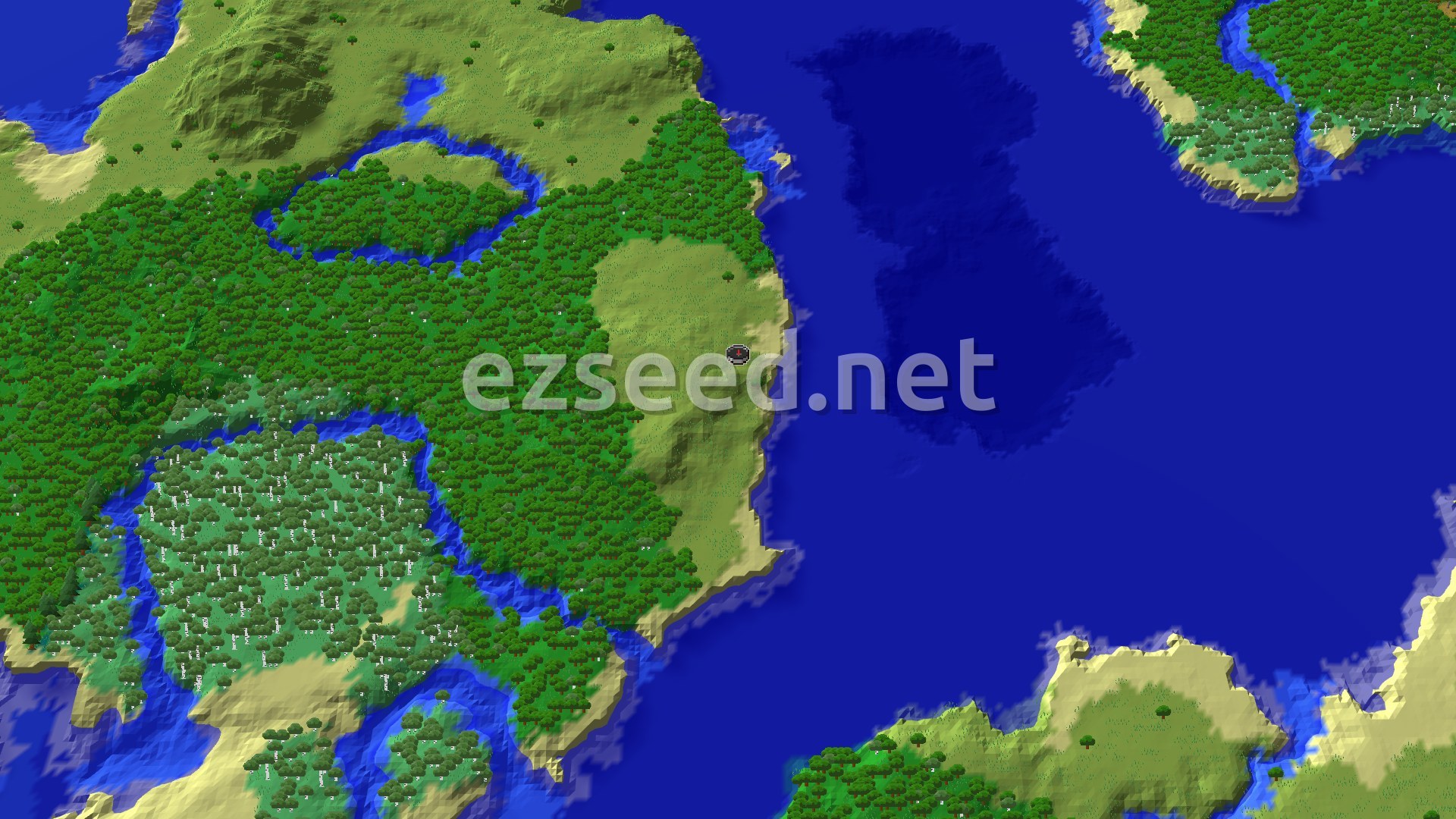 An overhead view of a diverse landscape featuring a mix of green plains, dense forests, a winding river, and a large ocean. A small marker indicates the spawn point on a grassy plain near the coast.