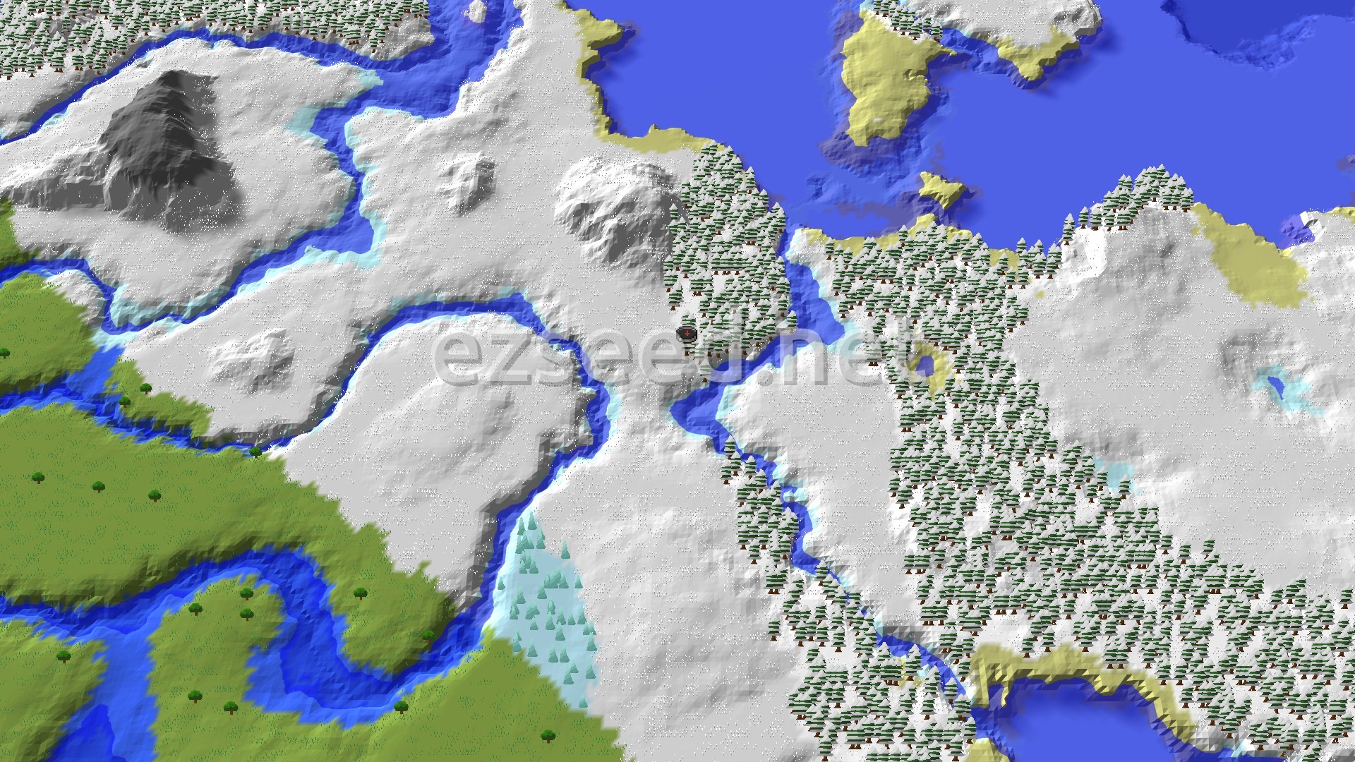 Aerial Minecraft seed map — Ice Spikes and Trials Next to a Snowy Spawn