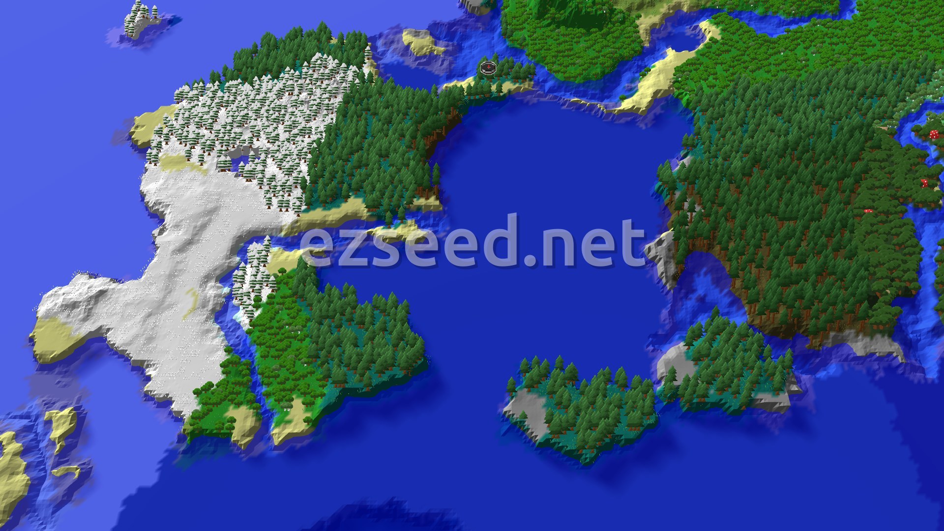 Aerial Minecraft seed map — A Cold Ocean and Taiga Start with Nearby Shipwreck