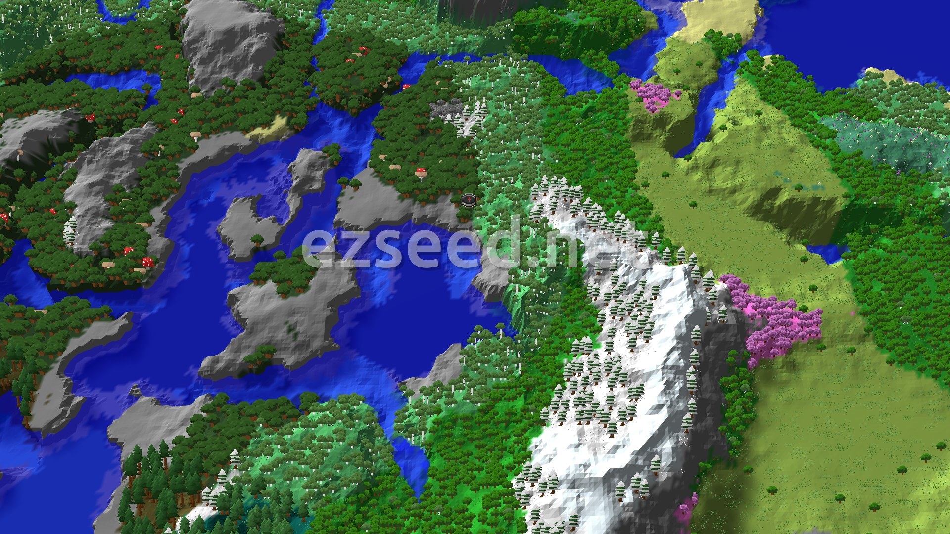 Aerial Minecraft seed map — Dark Forest Spawn with a Nearby Ancient City