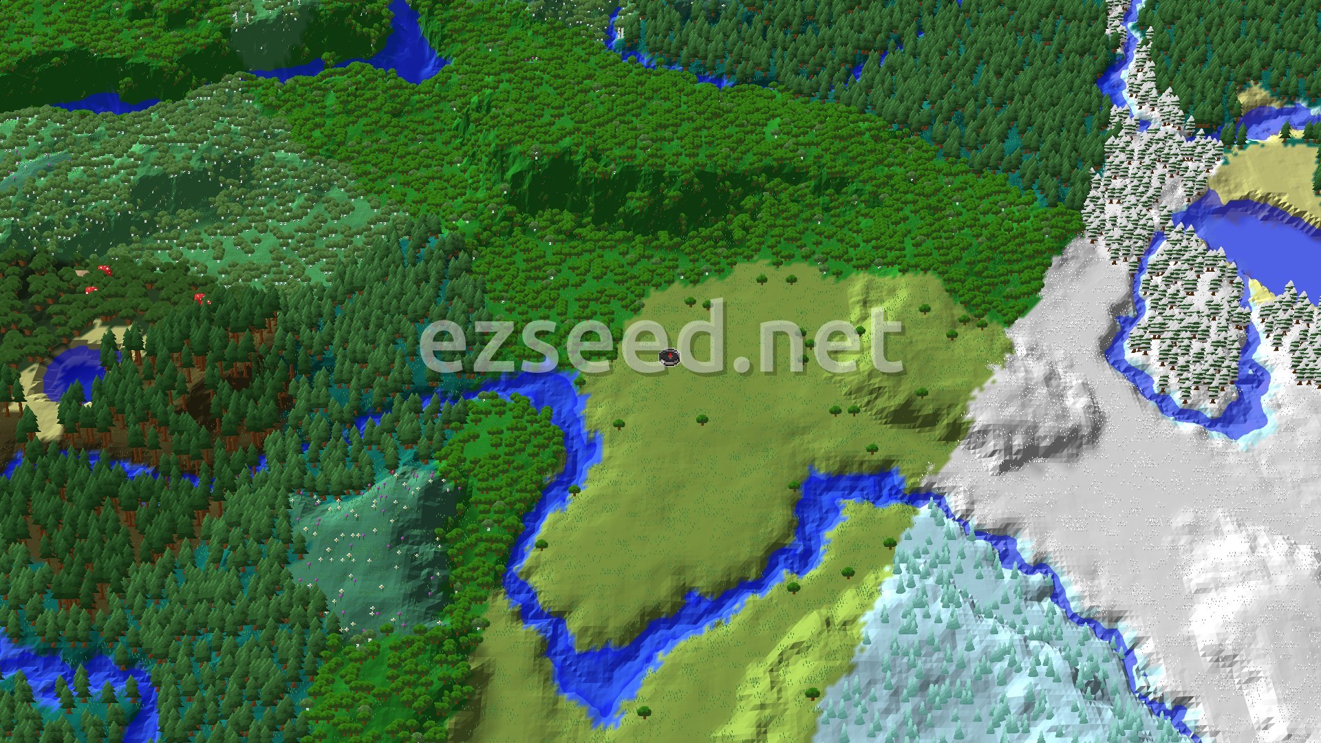 Aerial Minecraft seed map — Ice Spikes Near a Forested Spawn