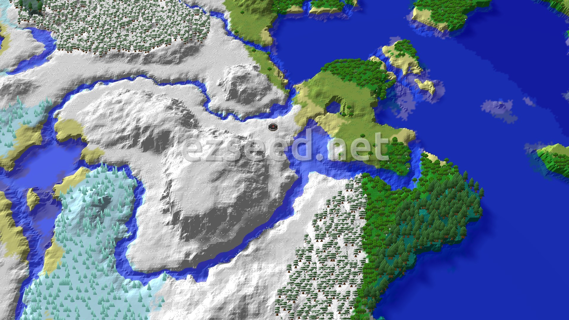 Aerial Minecraft seed map — Frozen Start with a Village and Trial Chambers Nearby