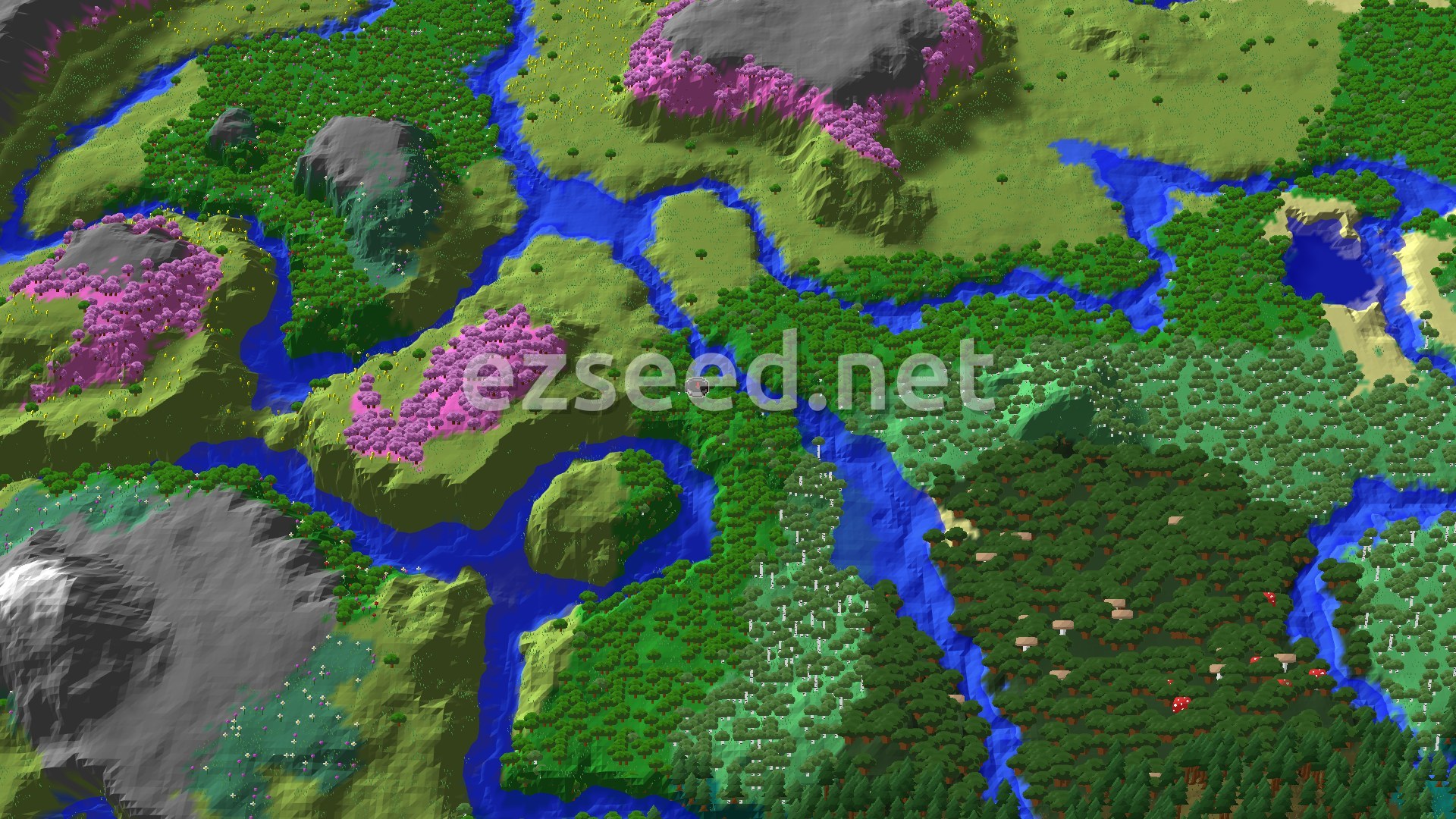 Aerial Minecraft seed map — Cherry Grove Near Spawn with Lush Caves Below