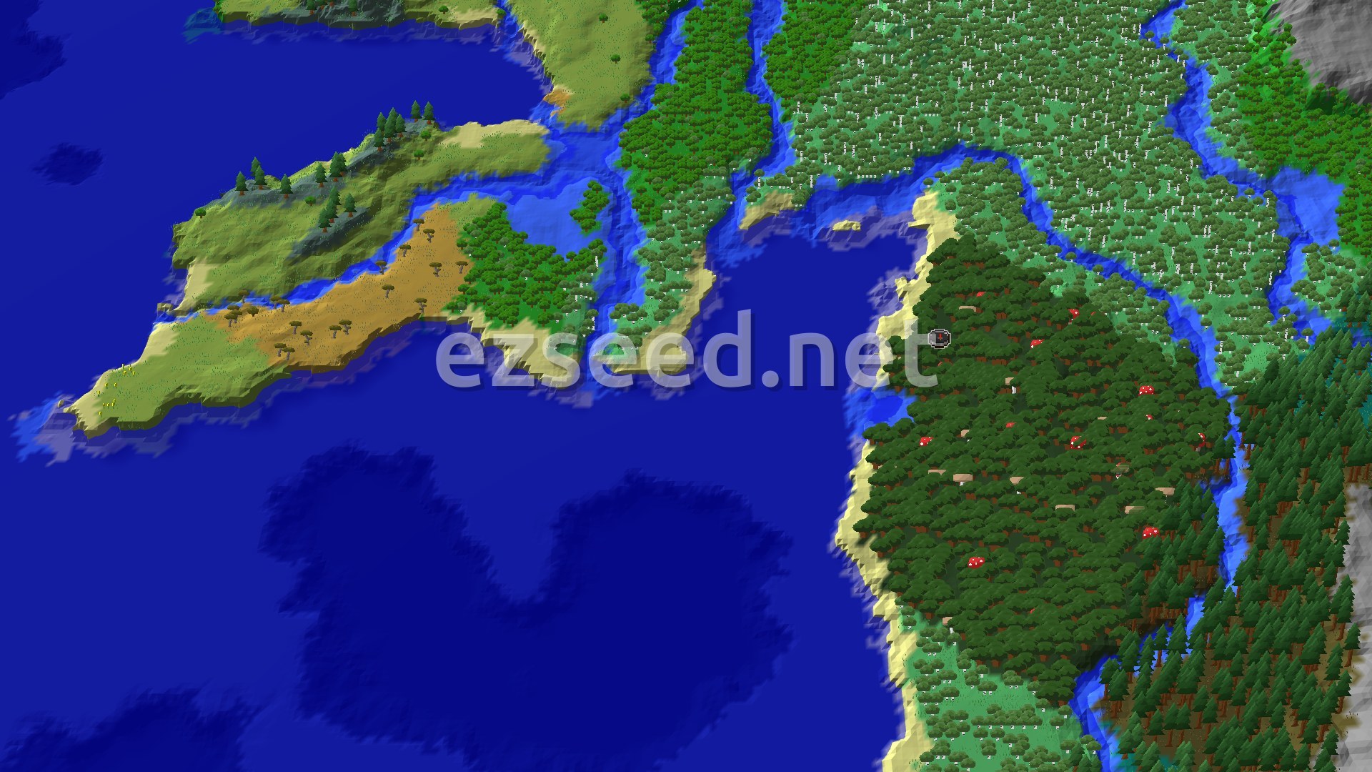 Aerial Minecraft seed map — Spawn in a Dark Forest with a Woodland Mansion Nearby