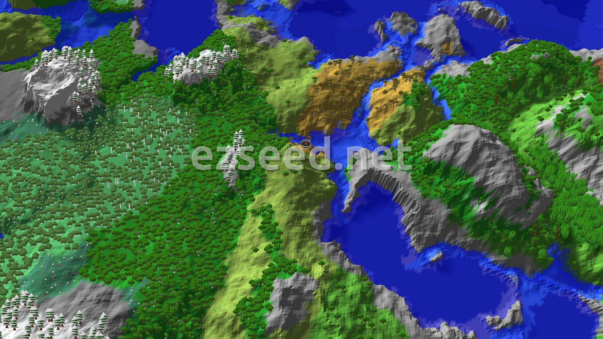 An aerial 3D view of a Minecraft world showing a mix of green forests, light green plains, tan savannas, and grey mountains, all bordering dark blue ocean and rivers. A small marker indicates spawn.
