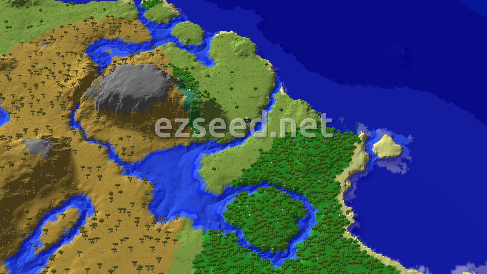 Aerial Minecraft seed map — Flower Forest and Trial Chambers Near Spawn
