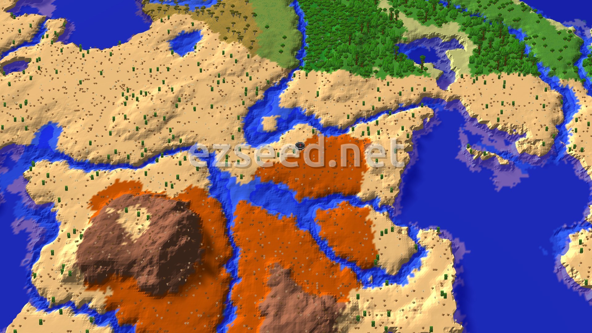 Aerial Minecraft seed map — Badlands Spawn With Nearby Eroded Peaks and Jungle