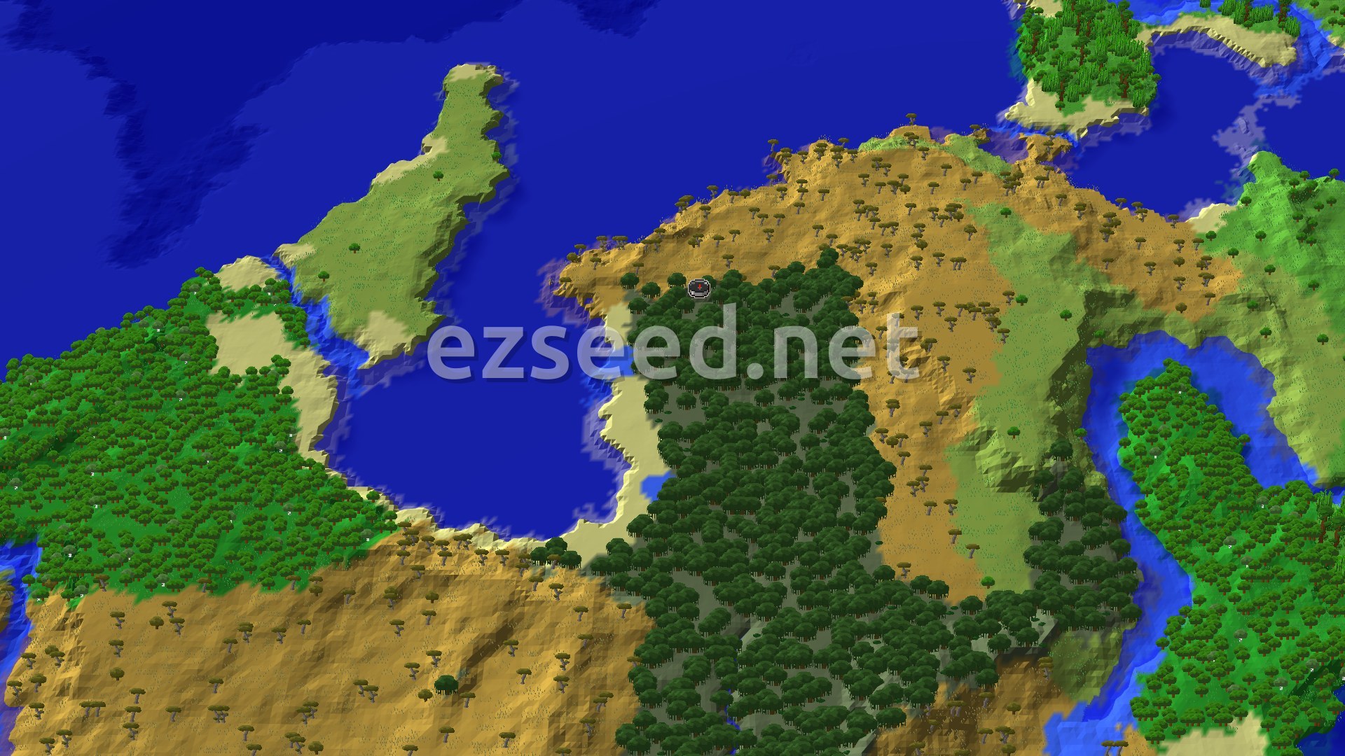 An aerial view of a large Mangrove Swamp with dense green trees next to a lighter Savanna biome with scattered trees and a blue ocean to the west, all under a clear sky. A small spawn marker is visible in the Mangrove Swamp.