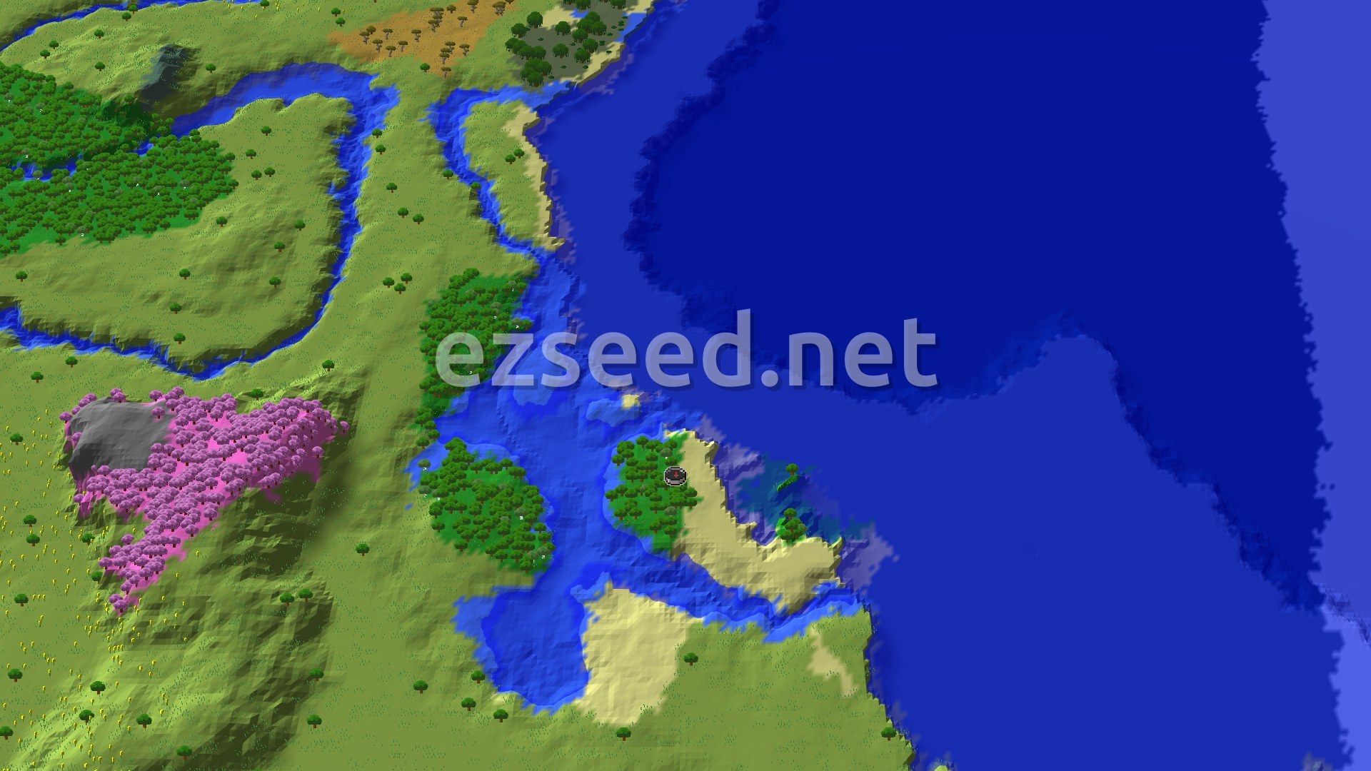 Aerial Minecraft seed map — Cherry Grove and Trial Chambers Near Spawn