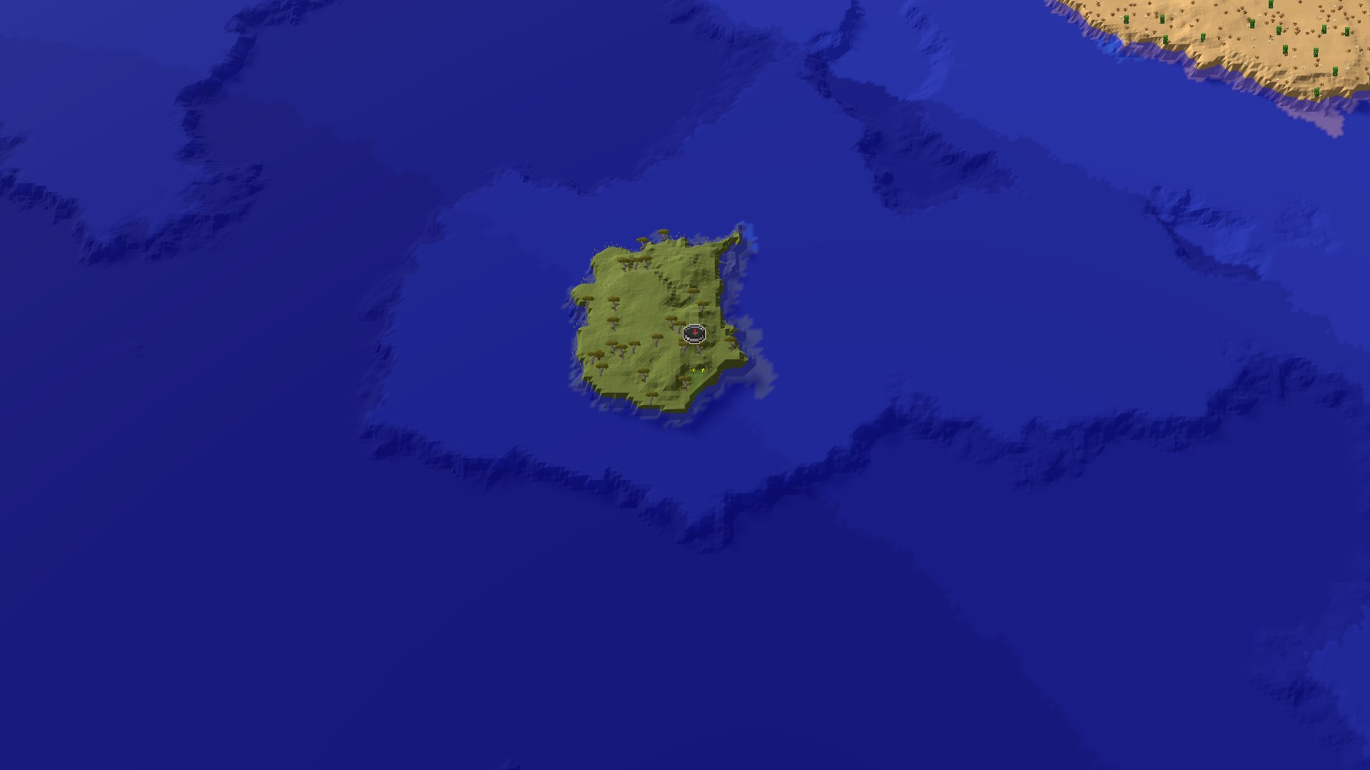 Aerial Minecraft seed map — Island Start with a Nearby Mushroom Fields Biome