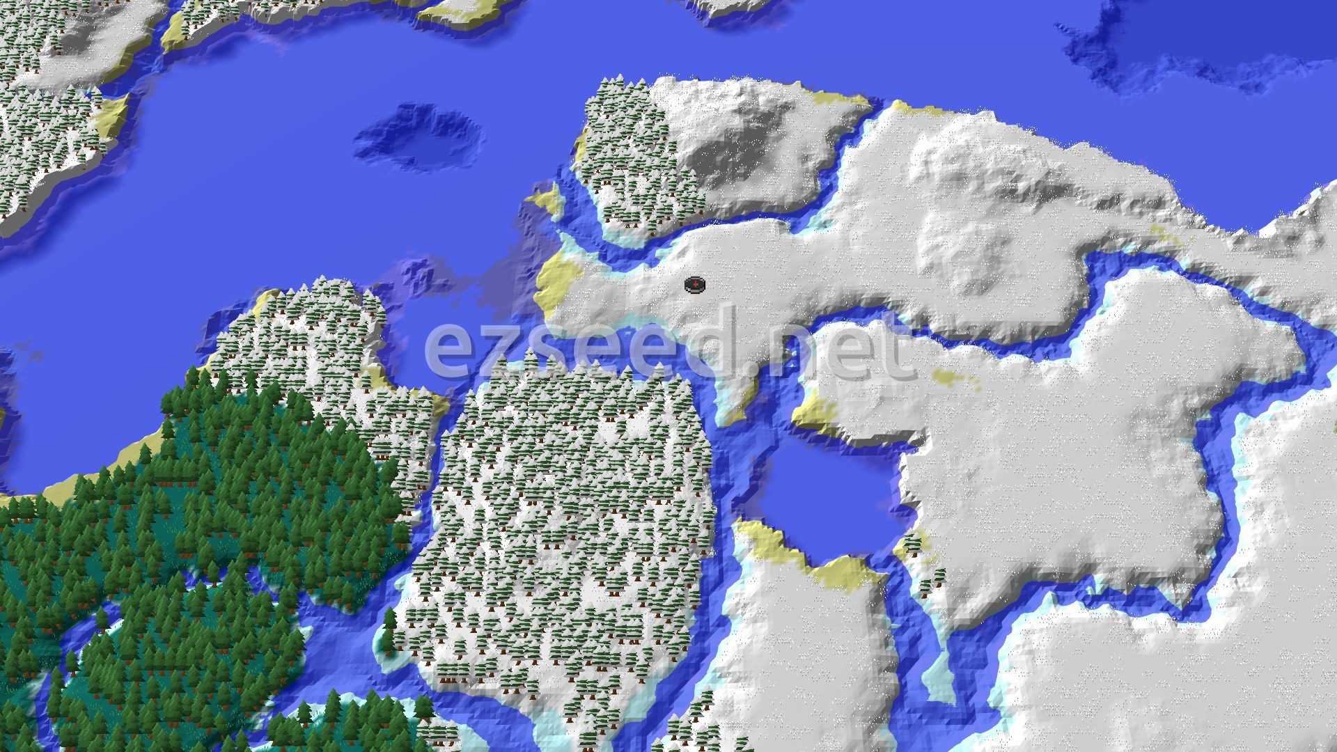 Aerial Minecraft seed map — Frosty Start, Quick Loot, and a Nearby Stronghold