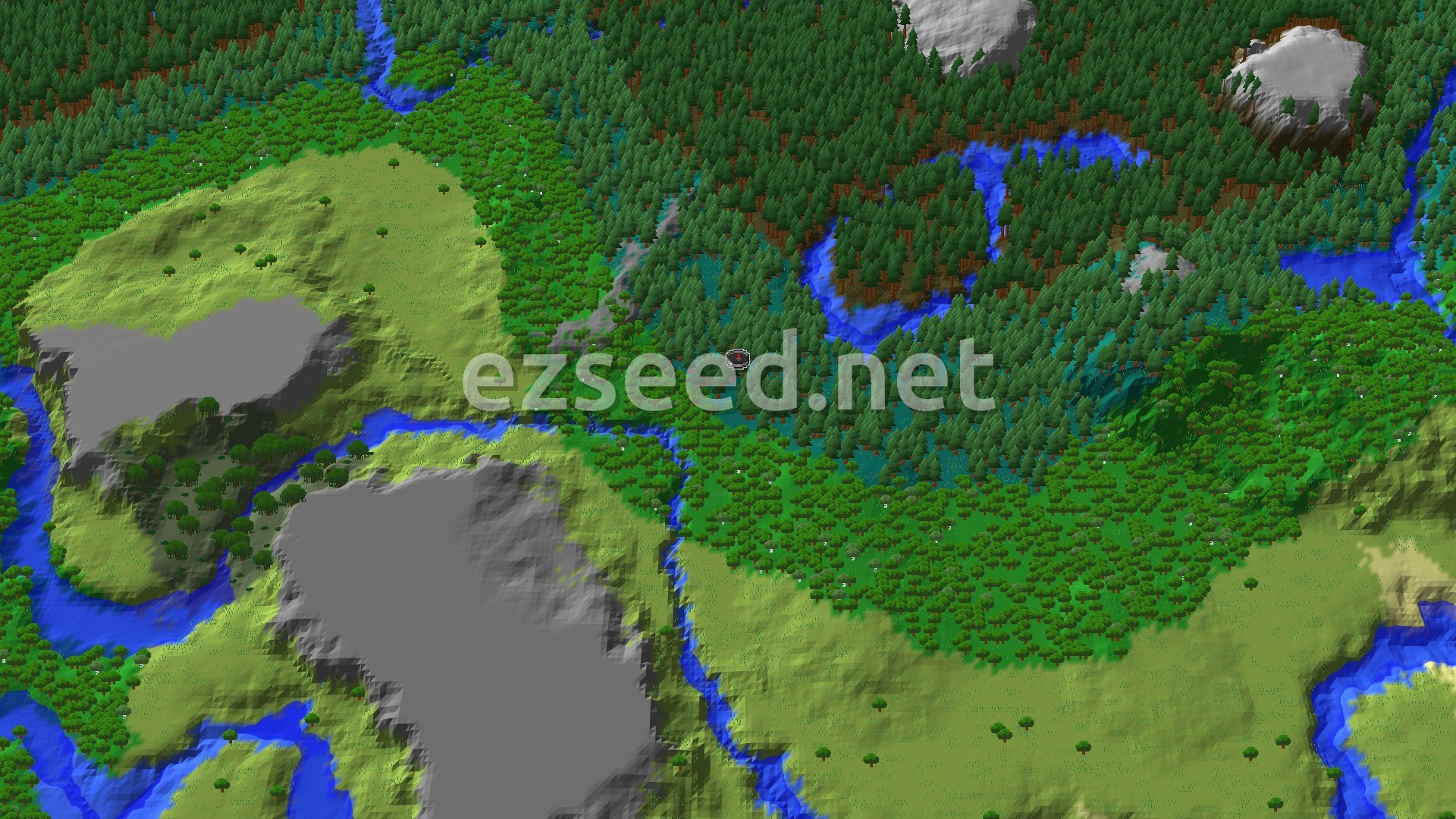 Aerial Minecraft seed map — Taiga Spawn with Nearby Village and Trial Chambers