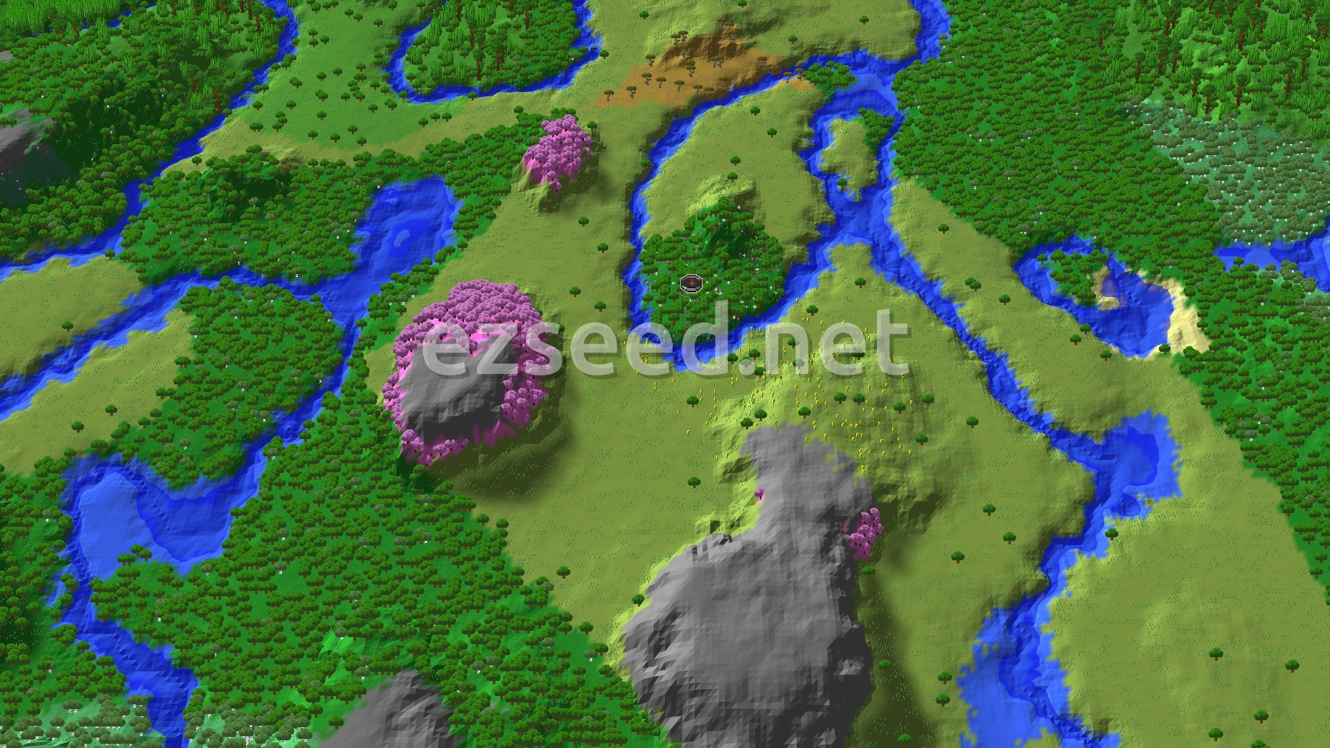 Aerial Minecraft seed map — Flower Forest Start with Nearby Cherry Grove and Village
