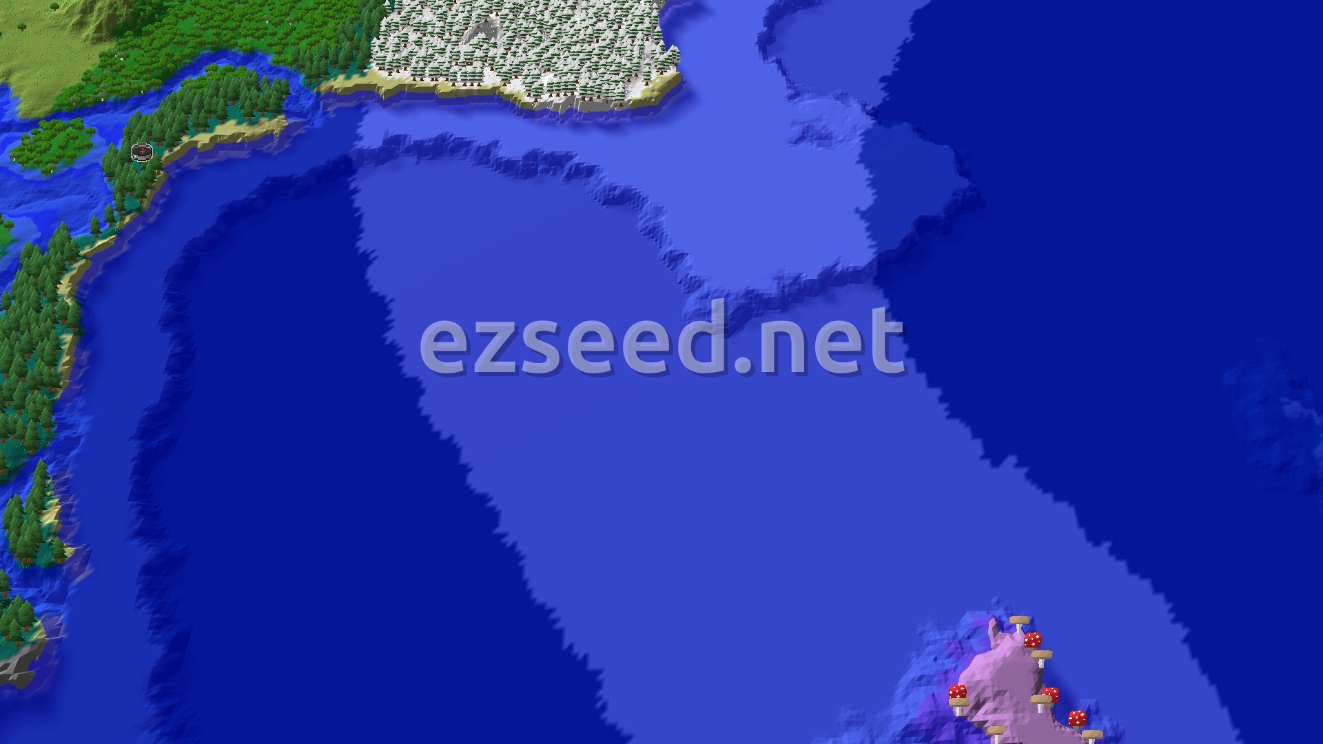 An overhead view of a diverse coastal landscape, featuring a large expanse of deep blue ocean, a forested mainland with a small sandy beach at the spawn point, and a snowy taiga biome across the water.