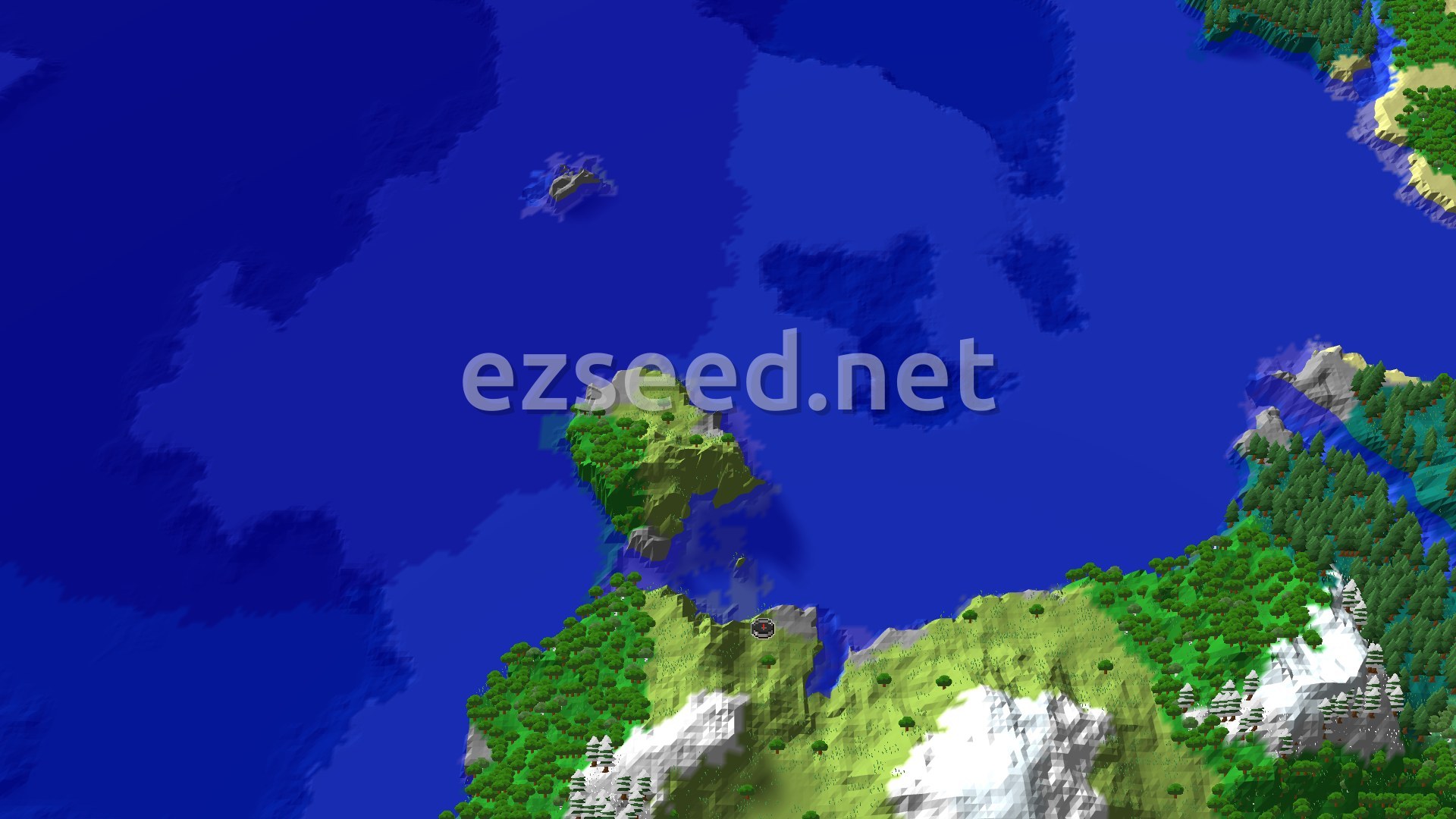 Aerial Minecraft seed map — Spawn in Plains with Mountains and Ocean Nearby