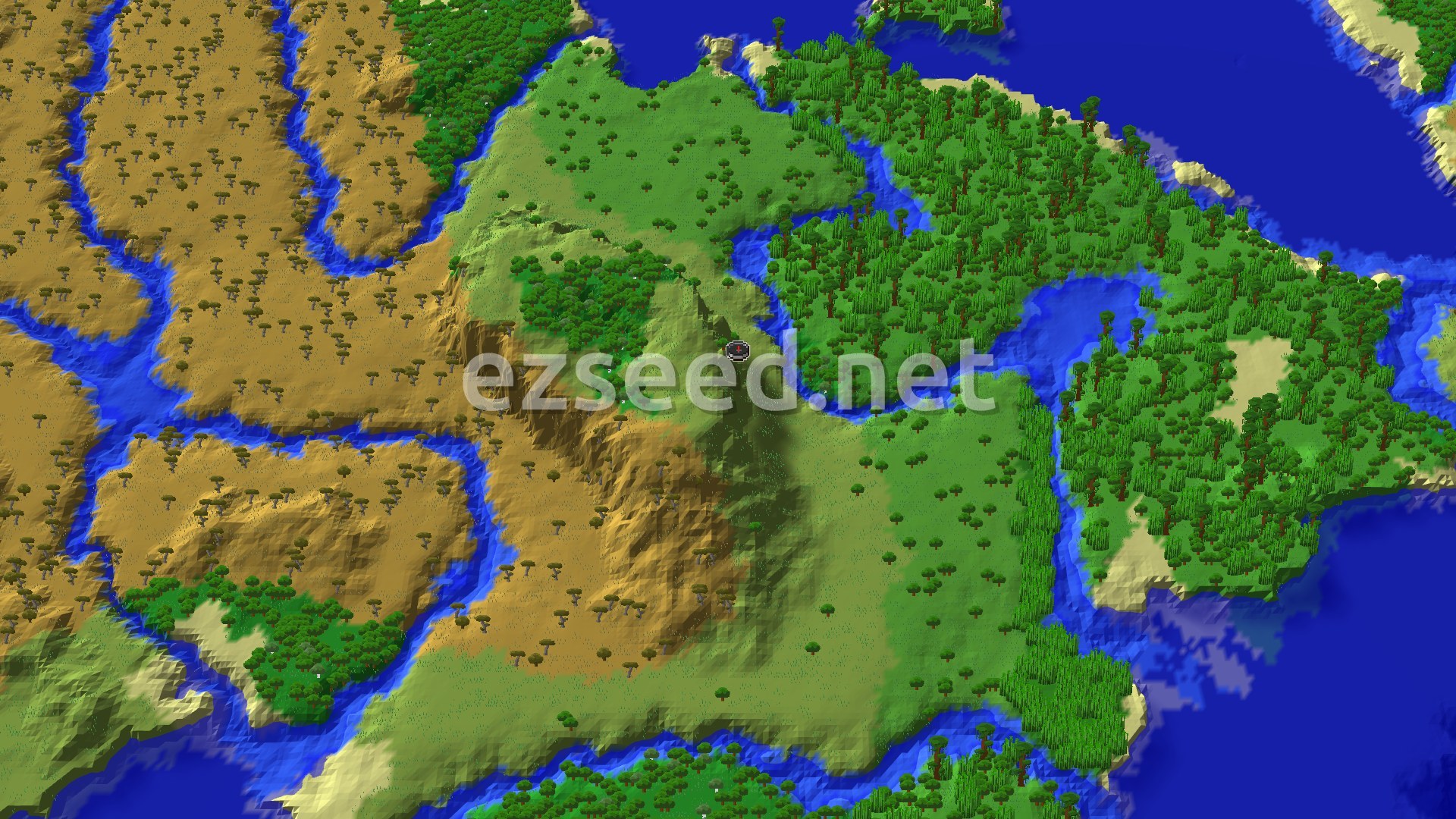 An overhead 3D view of the spawn area, showing a mix of green plains, dense forests, and sandy savanna biomes, with rivers carving through the landscape. A small spawn marker is visible near the center.