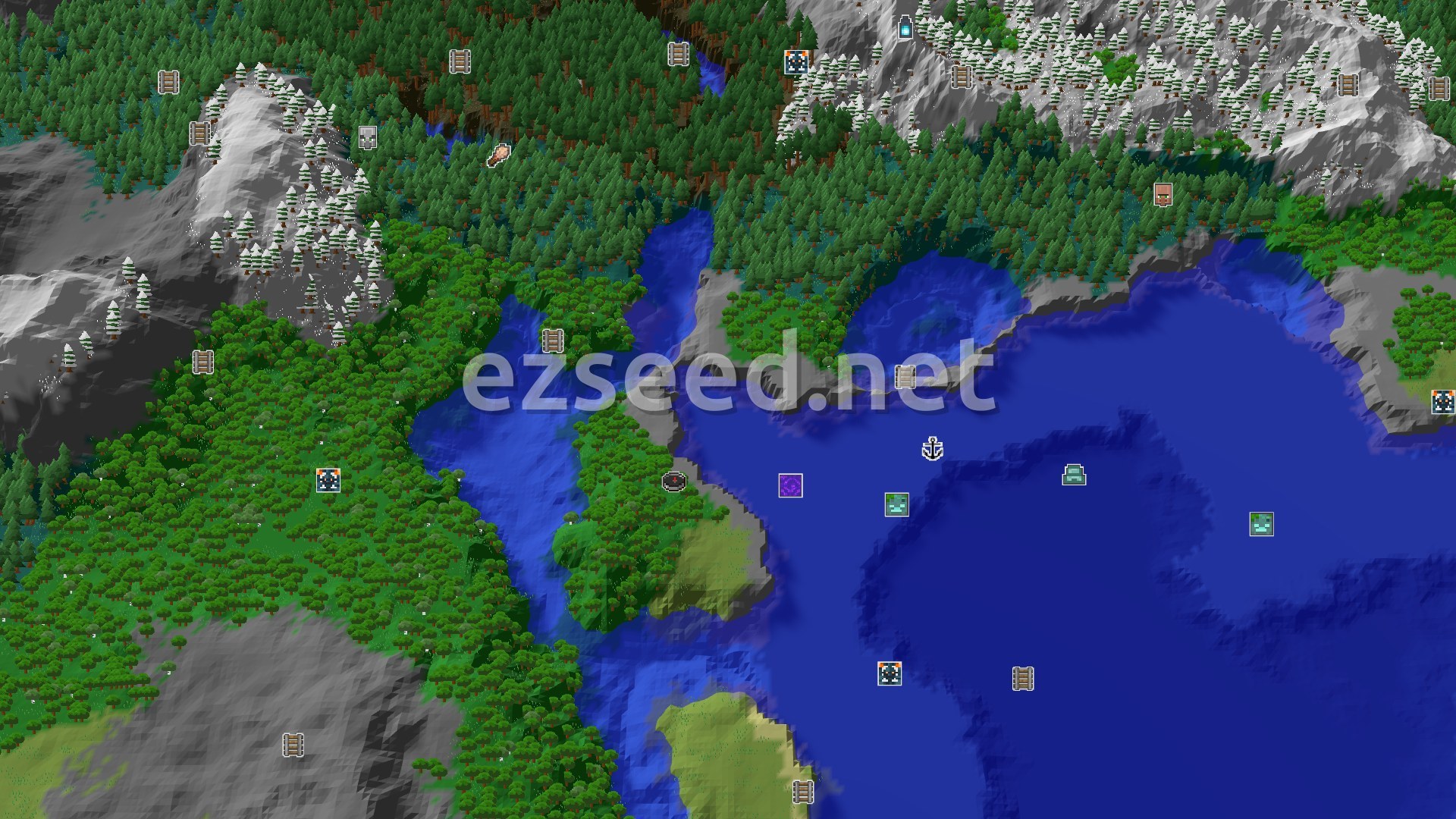 Aerial Minecraft seed map — Spawn in a Forest with Nearby Snowy Peaks and Taiga