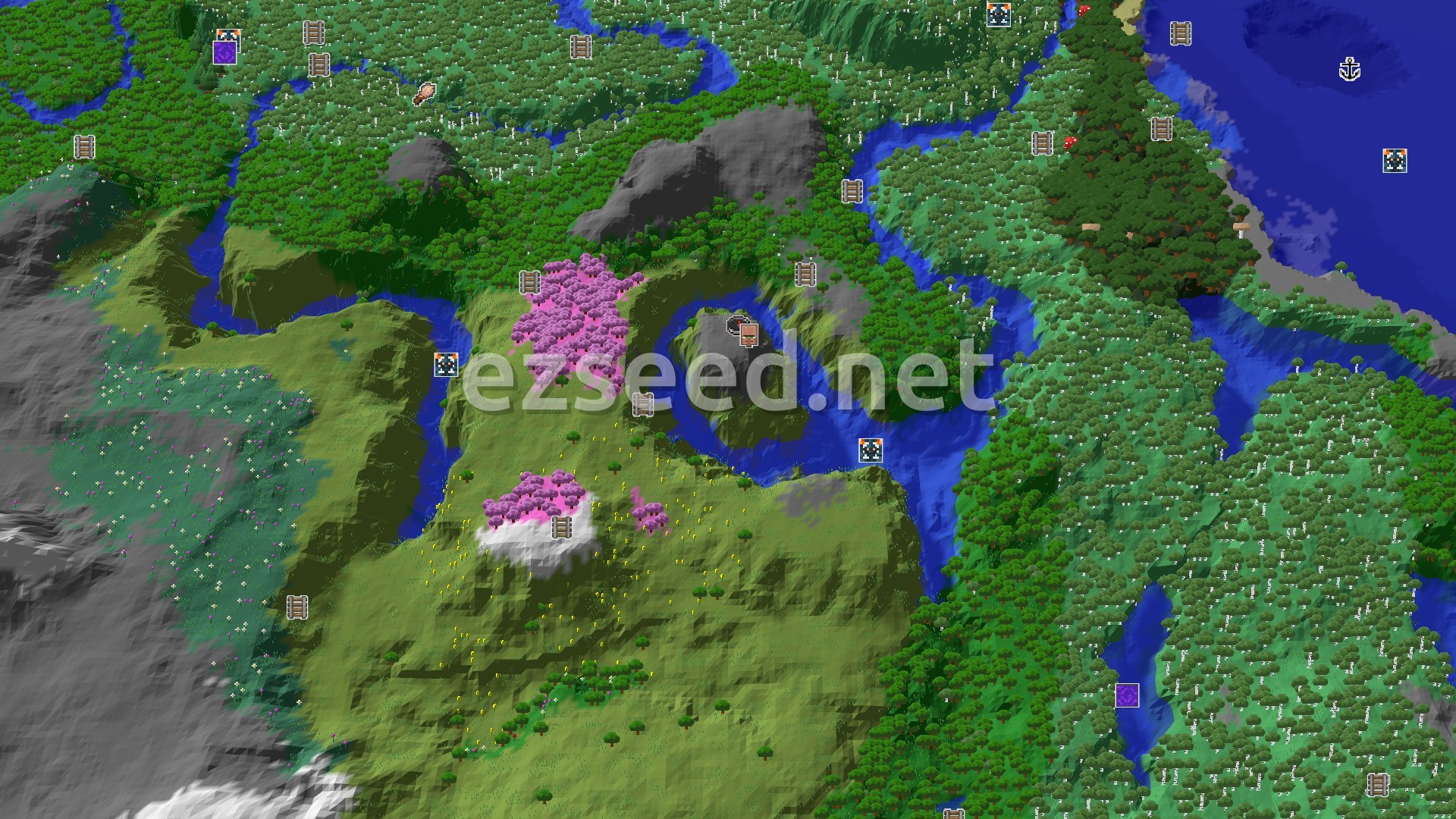 Aerial Minecraft seed map — Spawn Near a Village and Cherry Grove Mountains