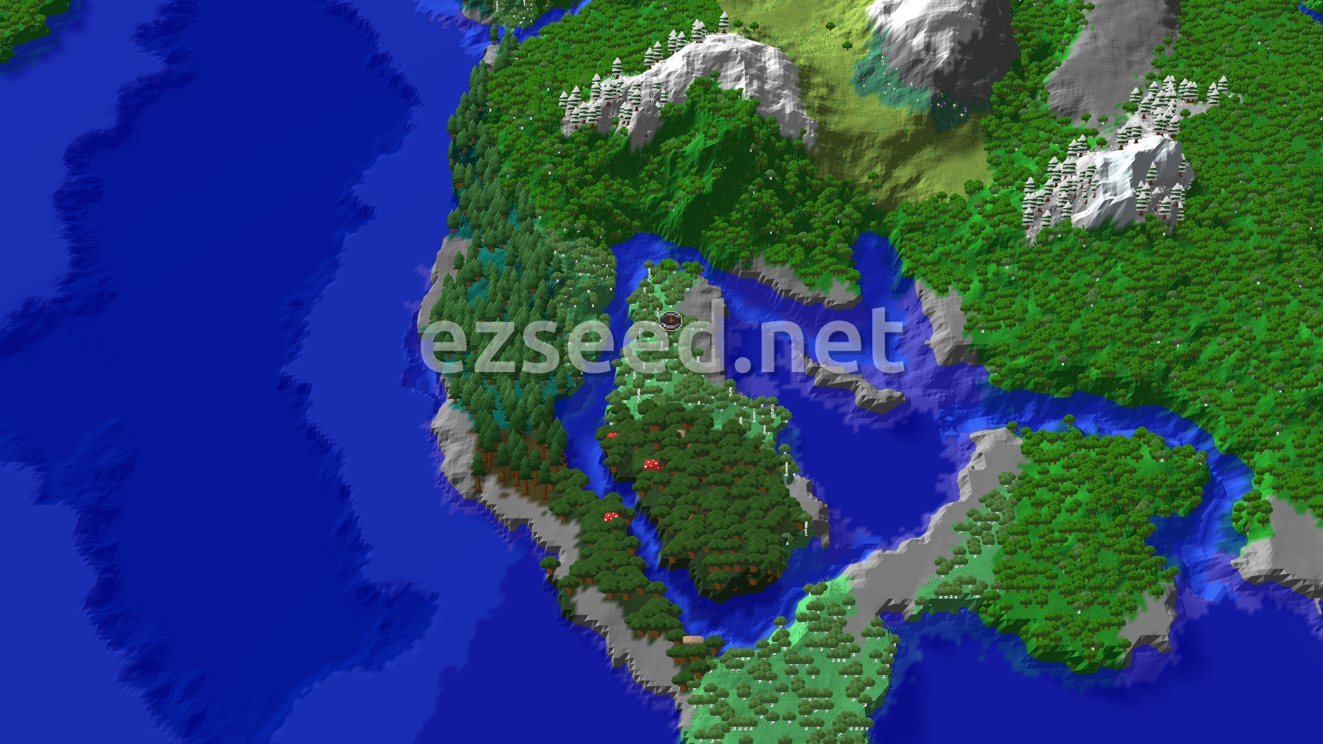 Aerial Minecraft seed map — Old Growth Birch Forest Spawn with Nearby Peaks