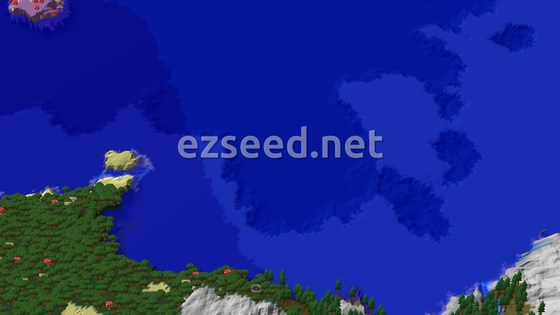 Aerial Minecraft seed map — Dark Forest Start with Nearby Mansion and Cold Oceans