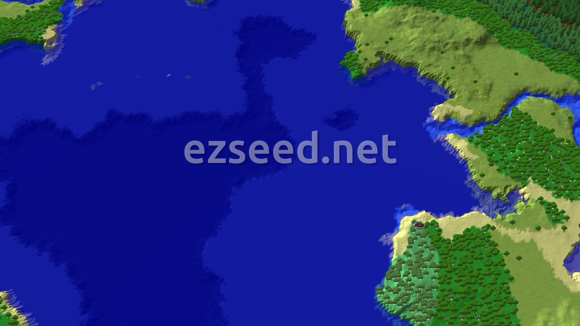 An aerial view of a varied landscape, showing a large ocean, forested landmasses, and some lighter sandy beach areas, with a small spawn marker on the land.