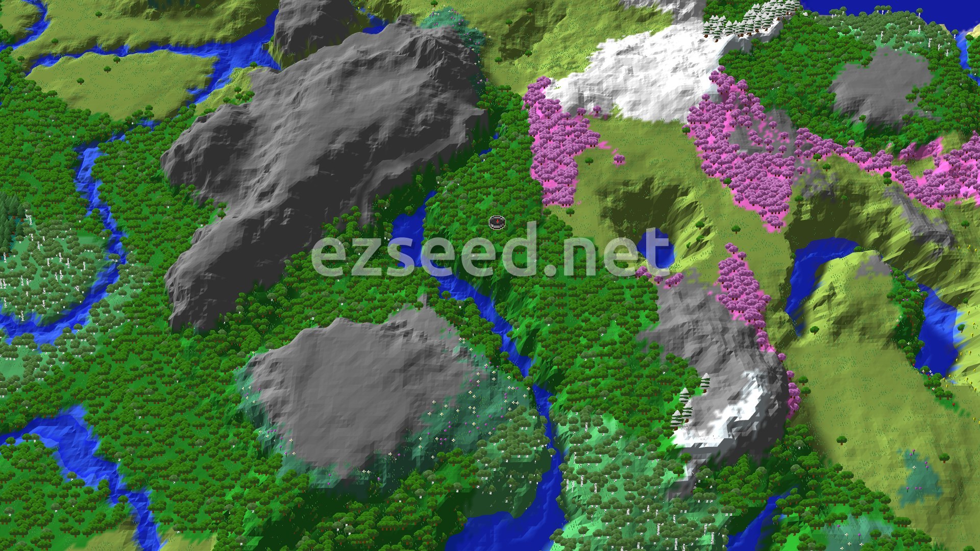 Aerial Minecraft seed map — Spawn Near a Broad Cherry Grove and Snowy Peaks