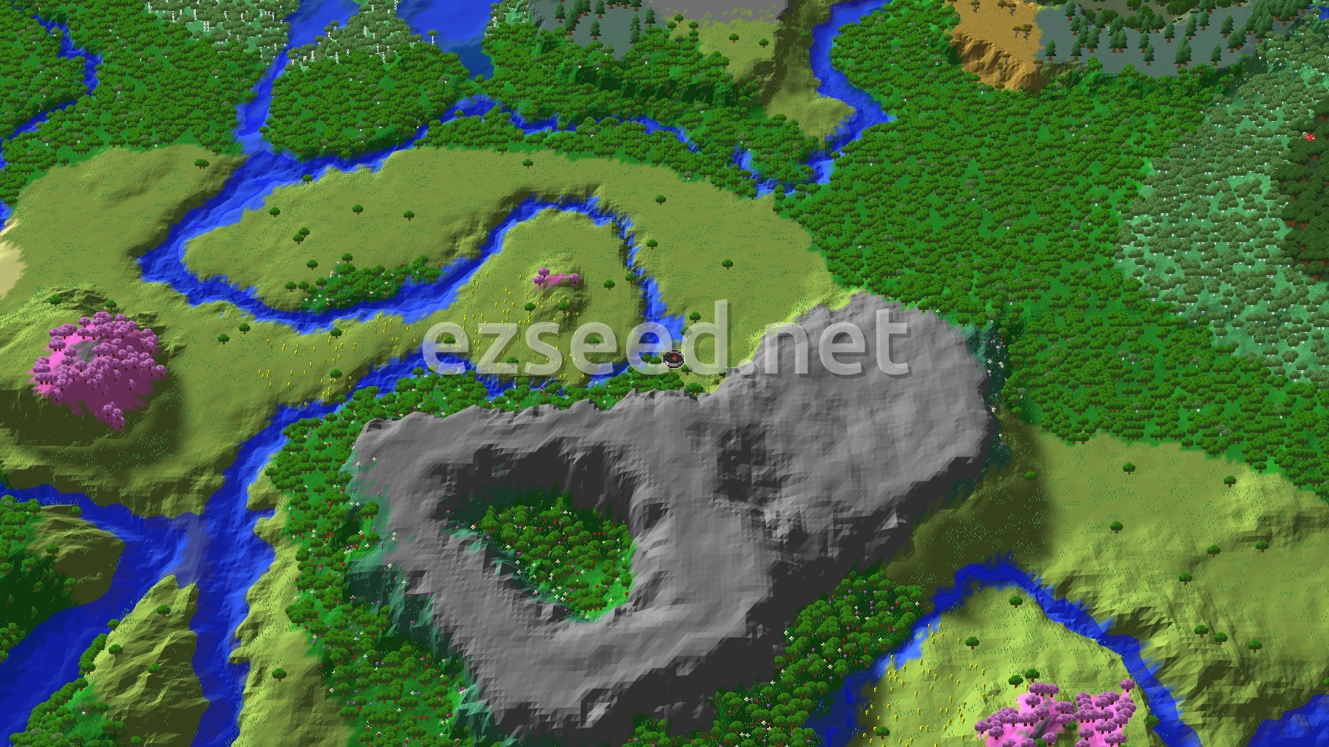 An aerial view of a varied Minecraft landscape featuring green plains, winding blue rivers, dense forests, and patches of pink-leafed cherry grove trees, with a grey mountain or large hill in the foreground.