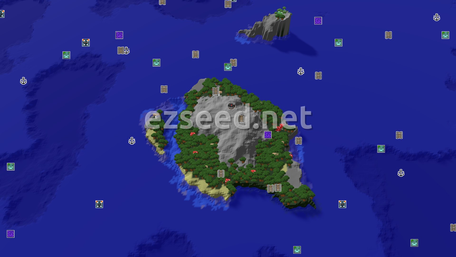 Aerial Minecraft seed map — Pale Garden Spawn on a Forested Island