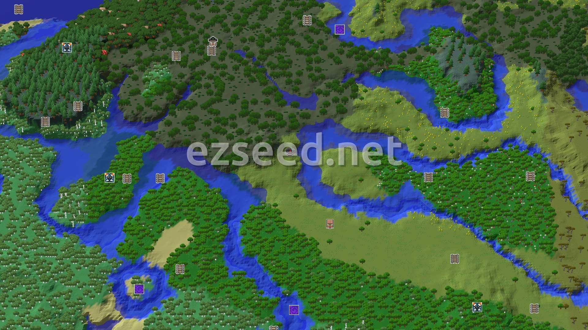Aerial Minecraft seed map — A Modest Start with Plenty of Nearby Rivers and Forests