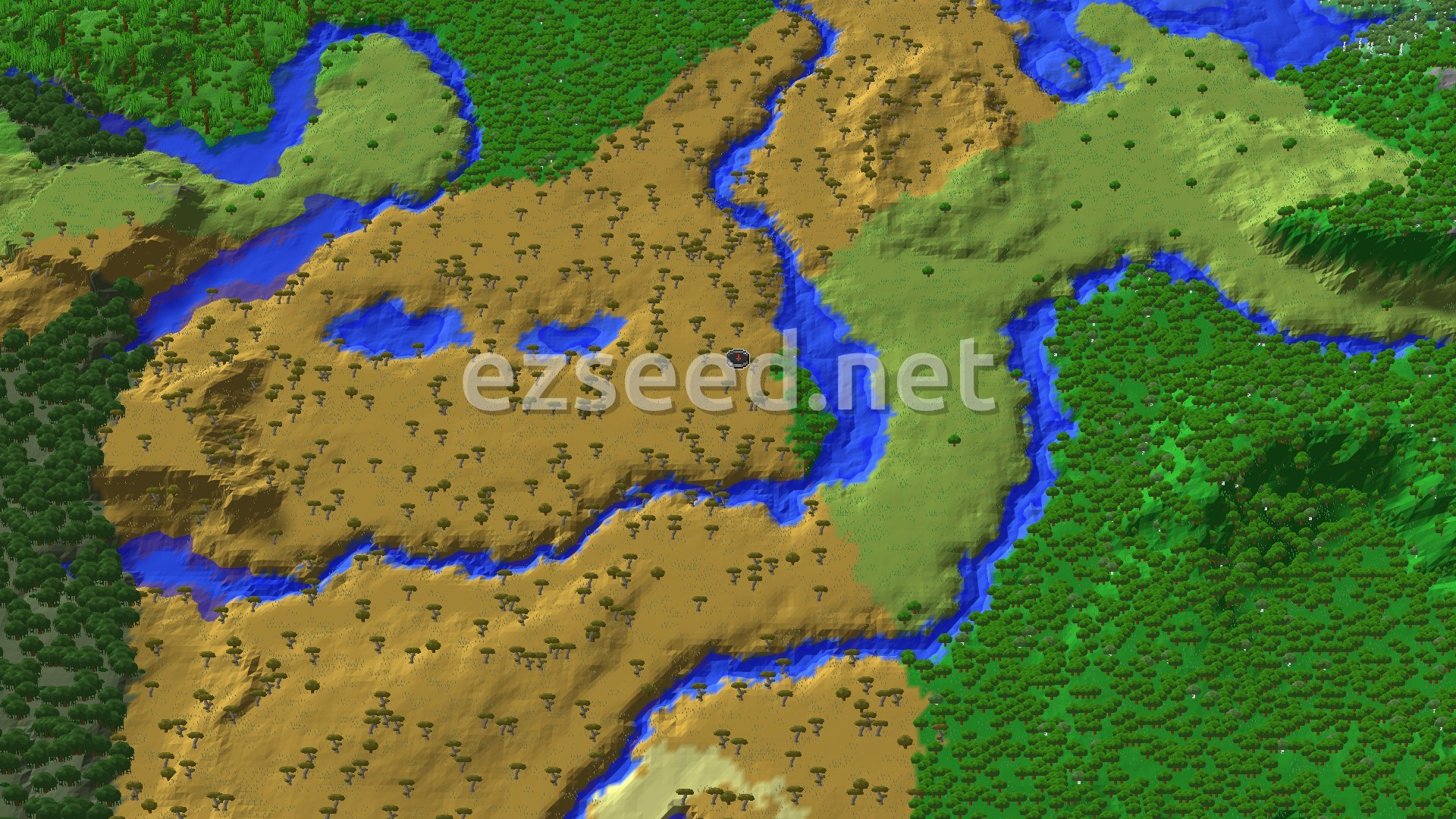 A 3D fly-over of a savanna biome, dotted with acacia trees, with a winding blue river cutting through it, bordered by green forest biomes. A small spawn marker is visible near the center.