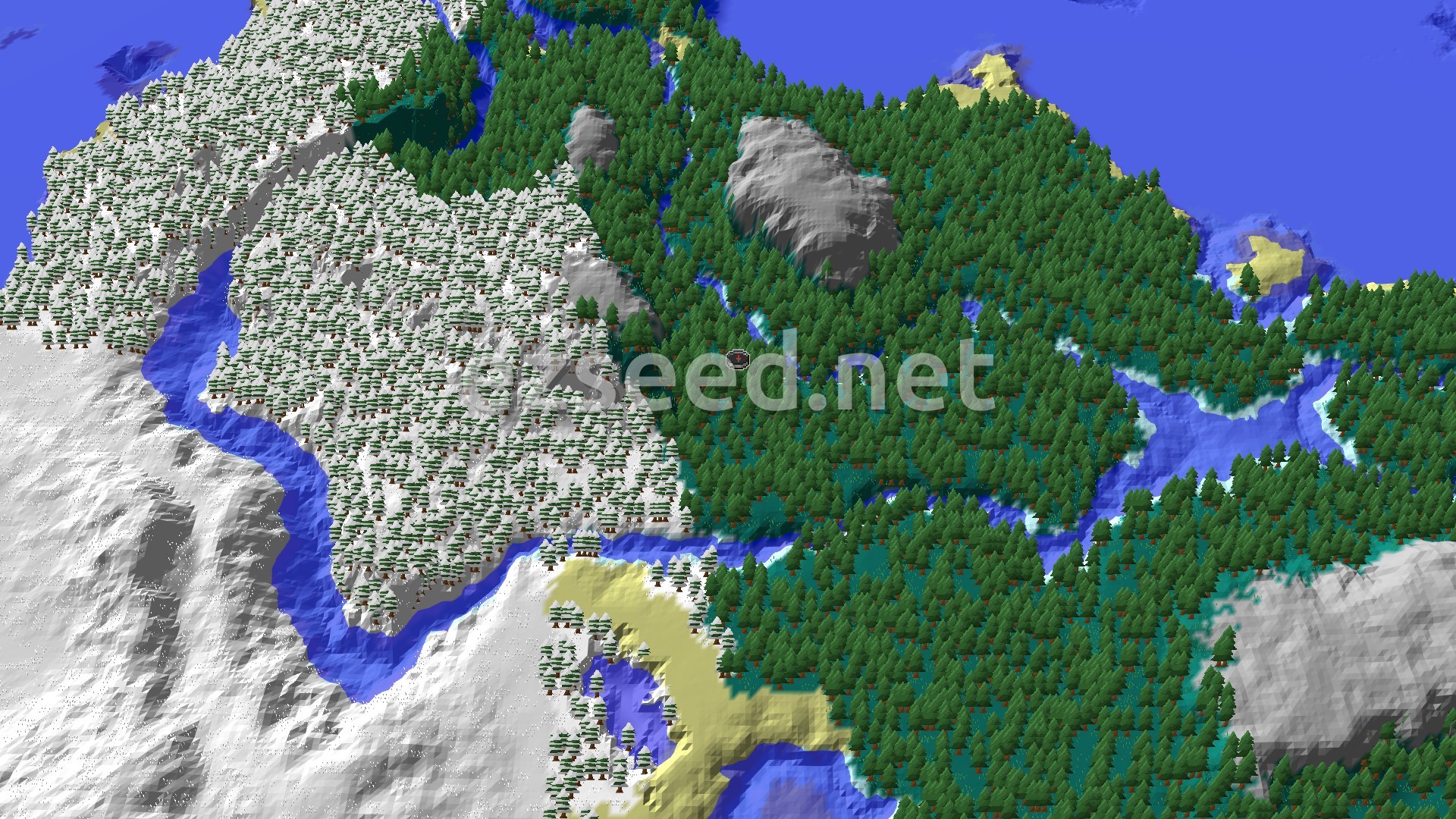 Aerial Minecraft seed map — Taiga Spawn with Nearby Ruined Portal and Village