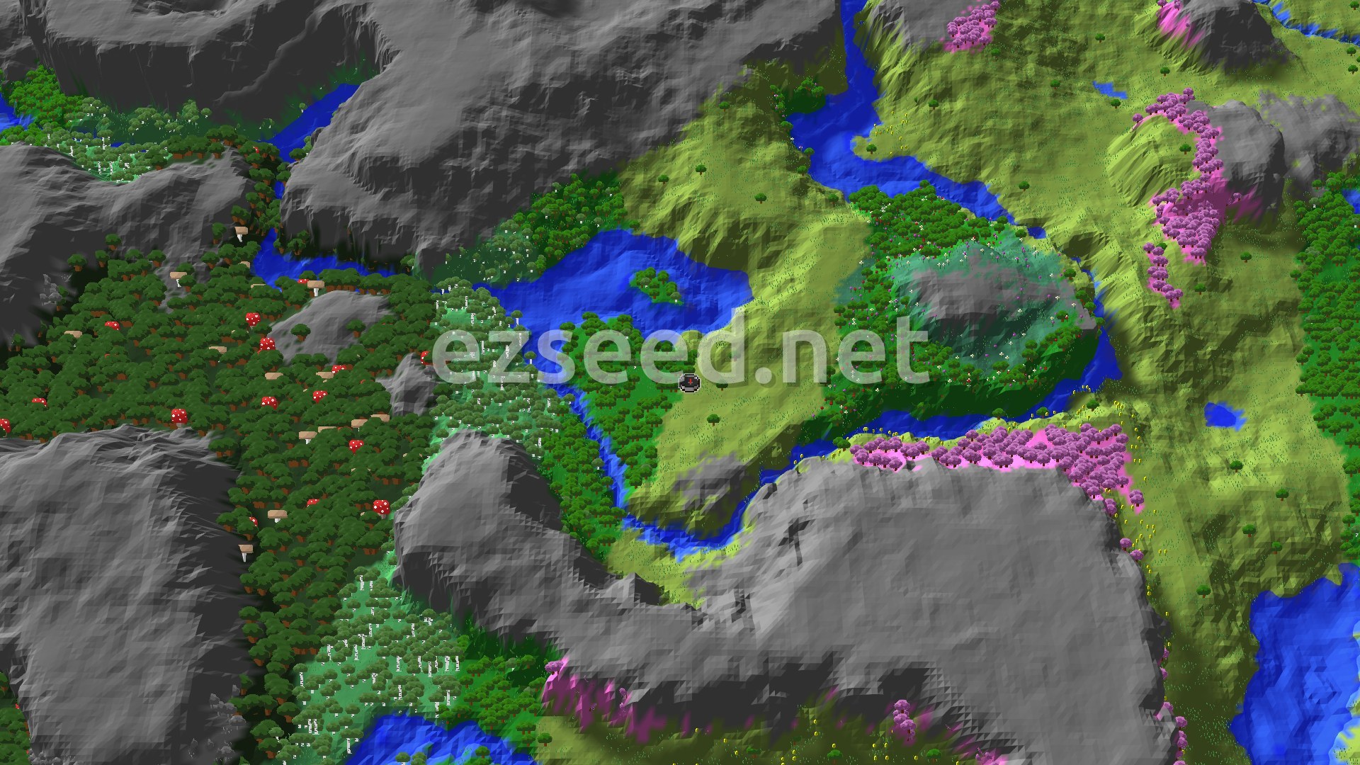Aerial Minecraft seed map — Ancient City Near Spawn with Nearby Cherry Groves