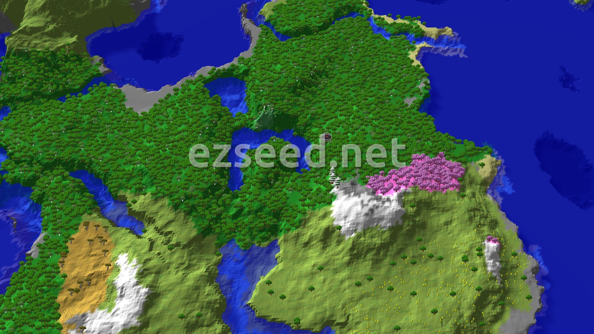 Aerial Minecraft seed map — Ancient City and Cherry Grove Near Spawn