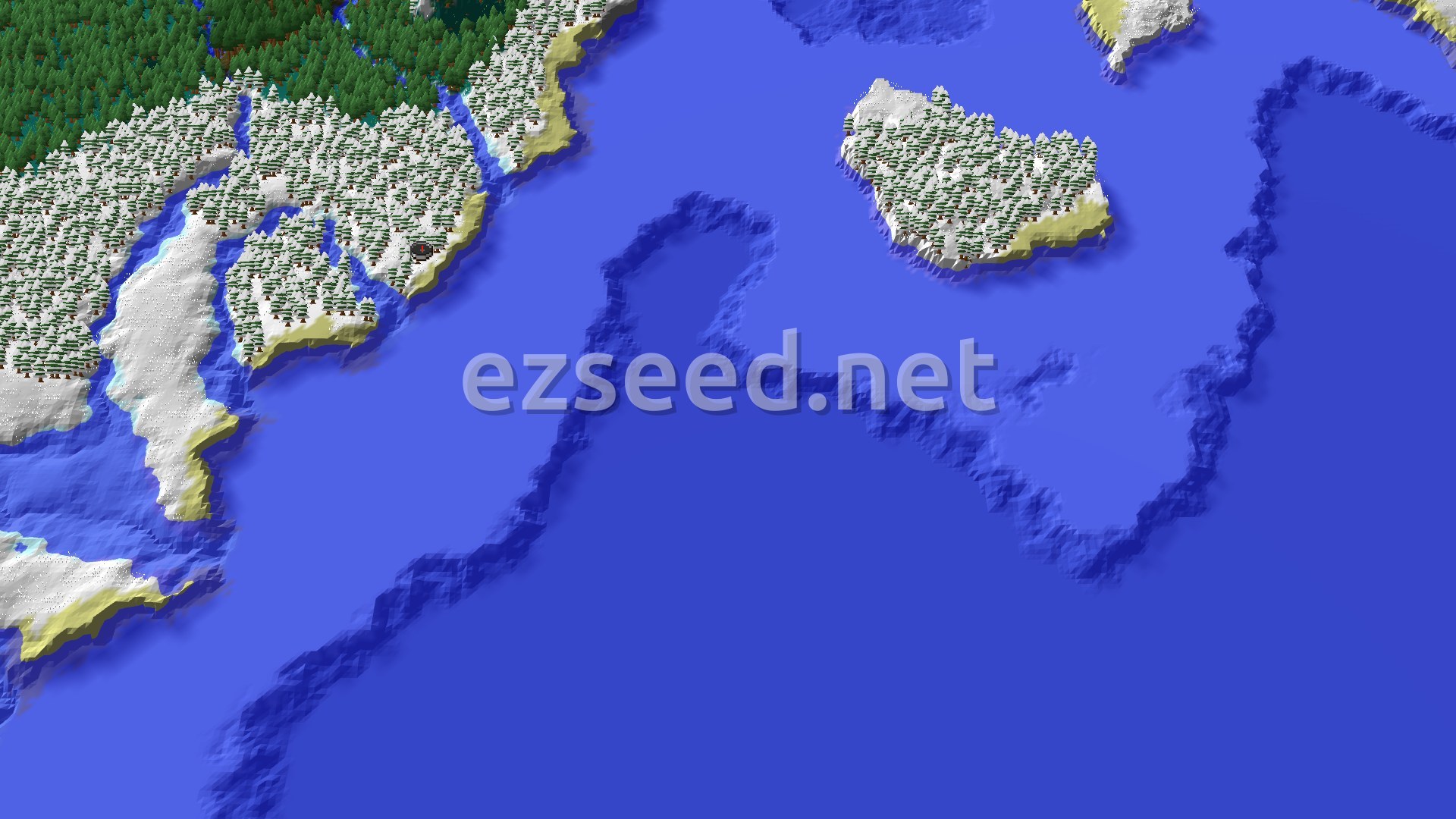 Aerial Minecraft seed map — Spawn in a Snowy Coastal World with Nearby Trial Chambers