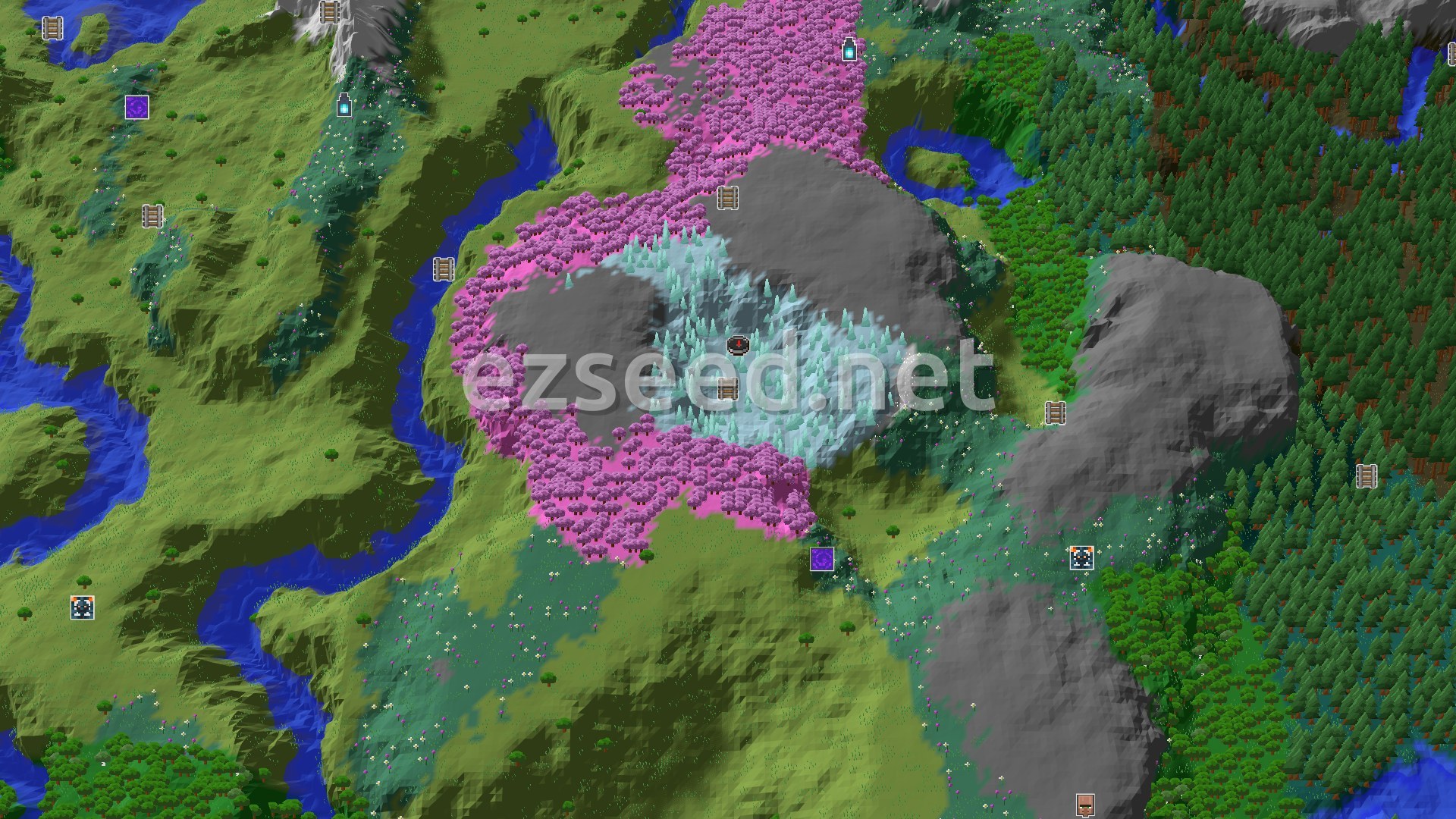 Aerial Minecraft seed map — Ice Spikes Spawn with Nearby Cherry Grove and Mineshaft