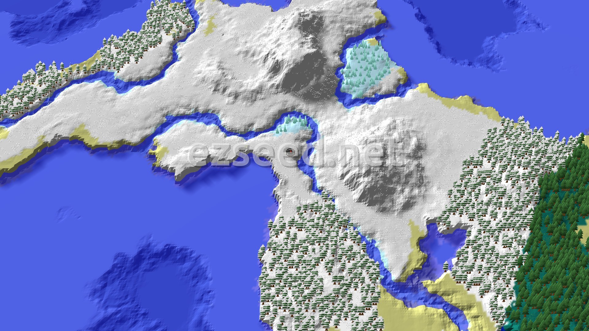 Aerial Minecraft seed map — Frozen Ocean and Ice Spikes Near a Snowy Spawn