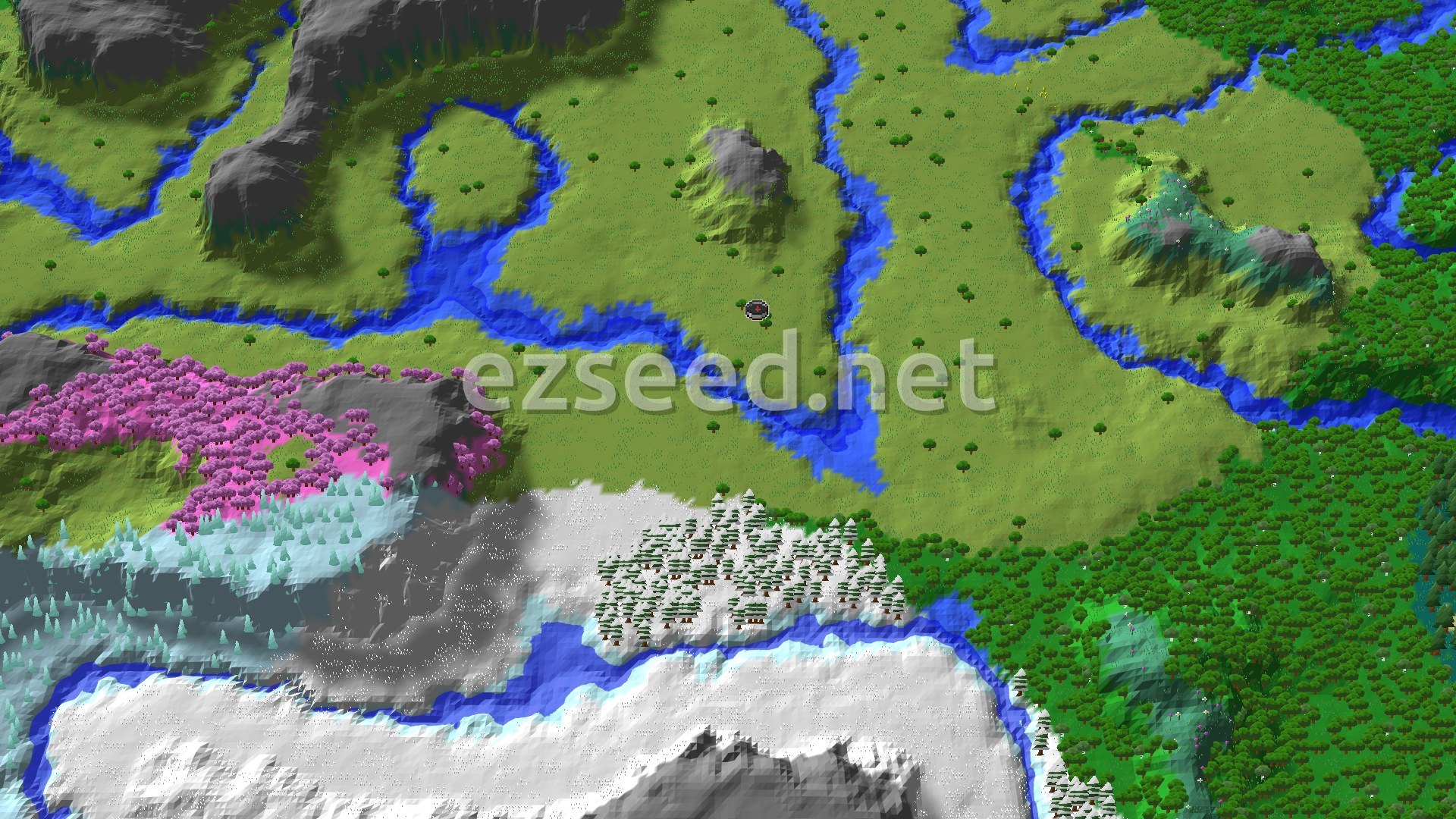 Aerial Minecraft seed map — Cherry Grove and Snowy Peaks Near a Plains Spawn