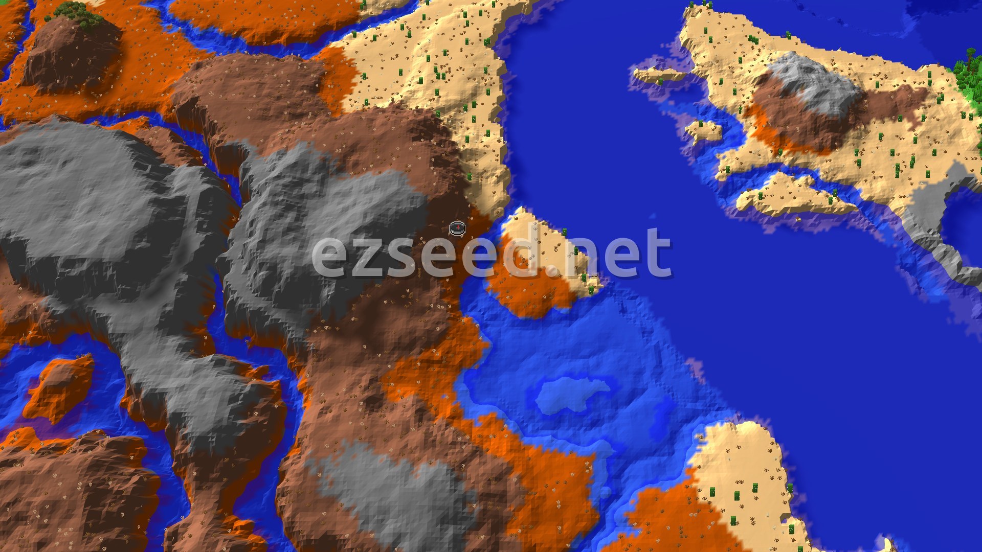 An aerial view of the spawn area, showing a mix of red badlands, grey eroded badlands, and sandy desert biomes bordering a deep blue ocean, with scattered vegetation.