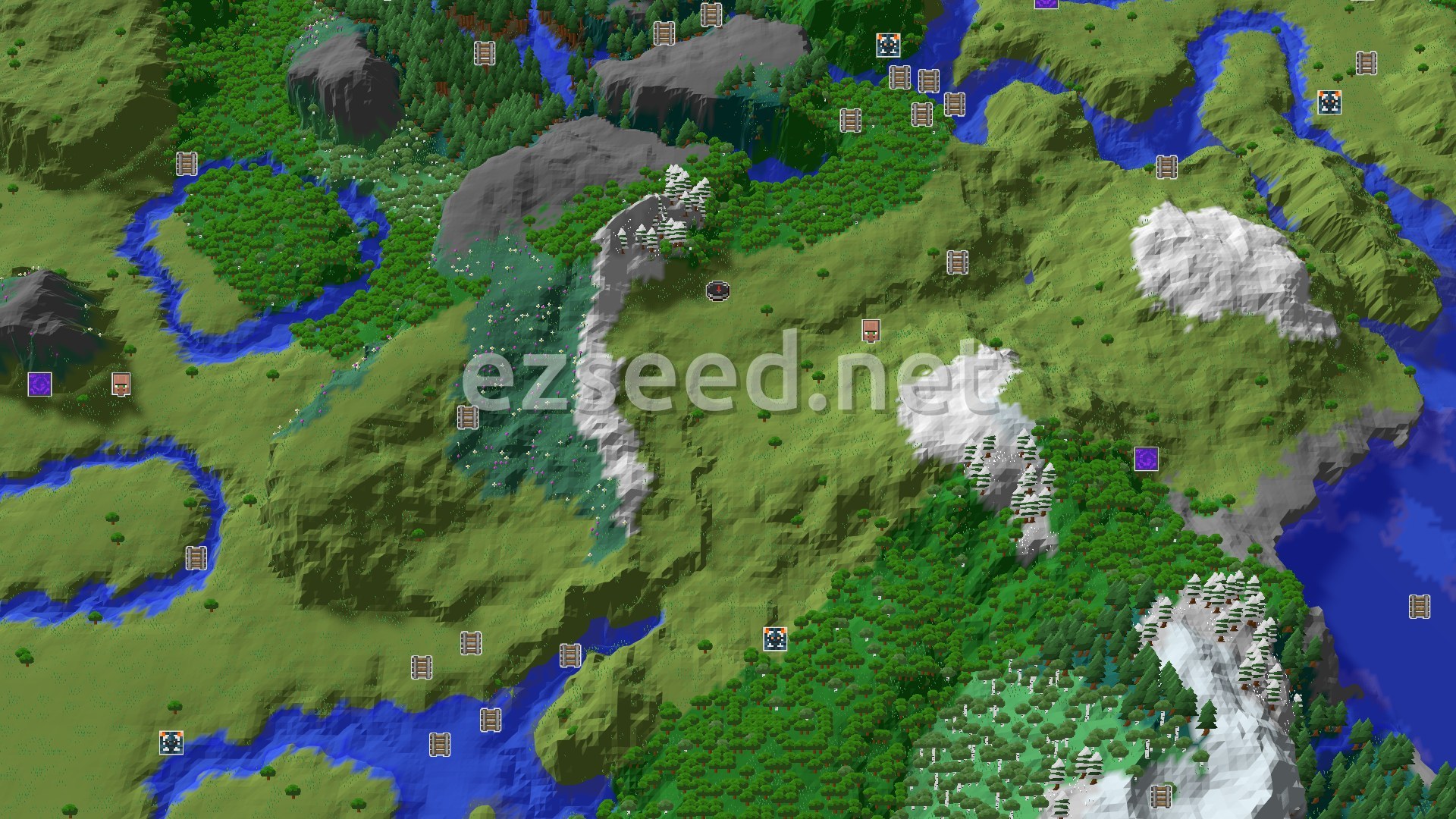 Aerial Minecraft seed map — A Quick Village Start with Nearby Snowy Peaks