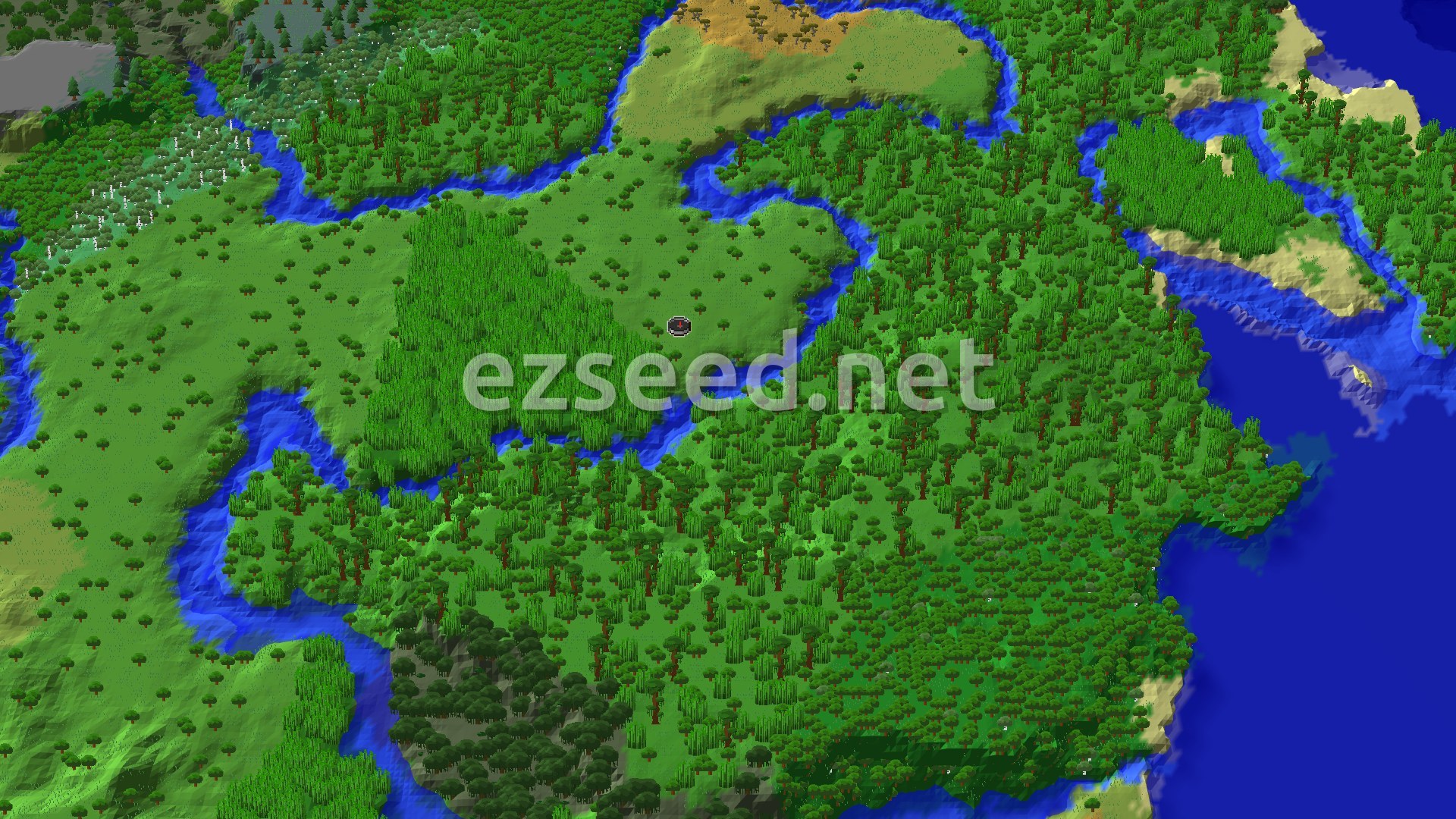 A 3D fly-over of a verdant, hilly jungle landscape, crisscrossed by winding rivers, with a small spawn marker in the center of a sparse jungle area.