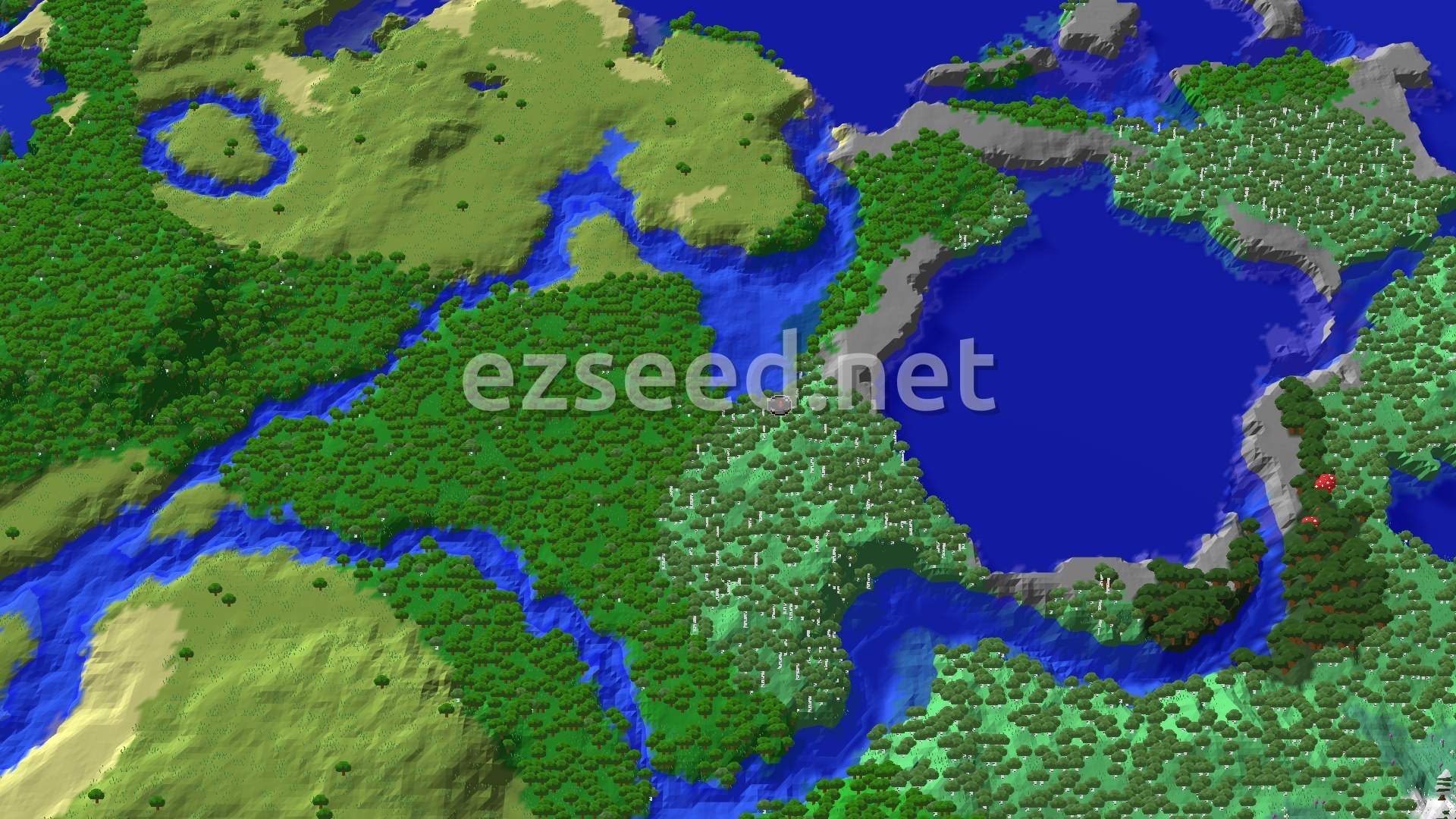 Aerial Minecraft seed map — Old Growth Birch Forest Spawn with Nearby Ancient City