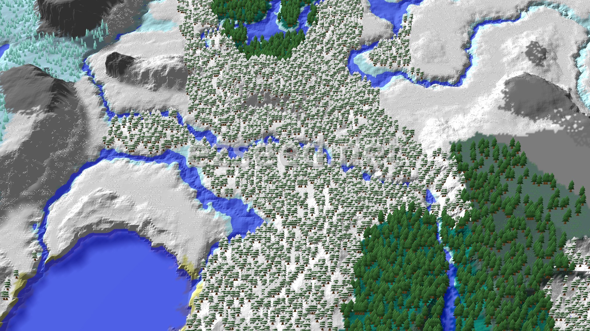 An aerial view of a snowy landscape dominated by evergreen trees, with winding frozen rivers and some exposed grey rock faces of hills.