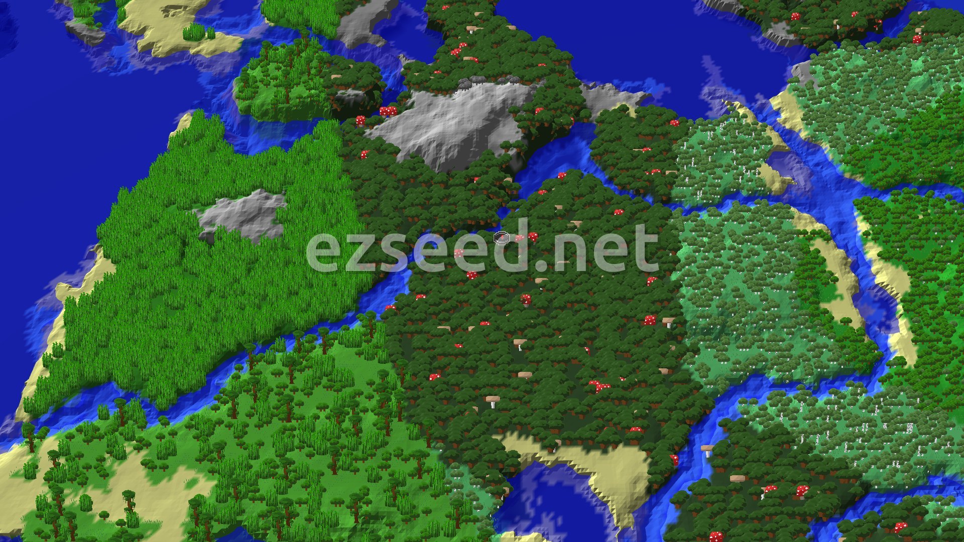 An overhead view of a diverse landscape featuring dark green forests, lighter green jungles, sandy beaches, and winding rivers, all surrounded by blue ocean water.