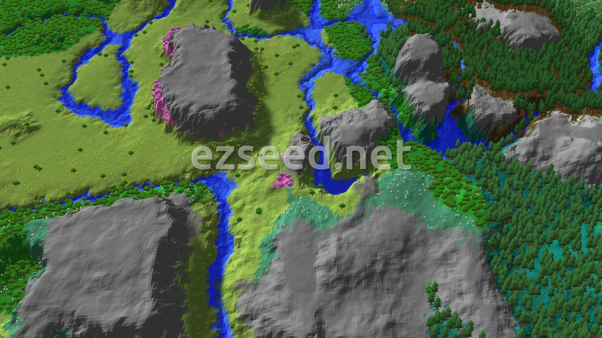 An aerial view showing a central plains biome with a meandering river, flanked by mountains and forests, with a small patch of pink cherry trees.