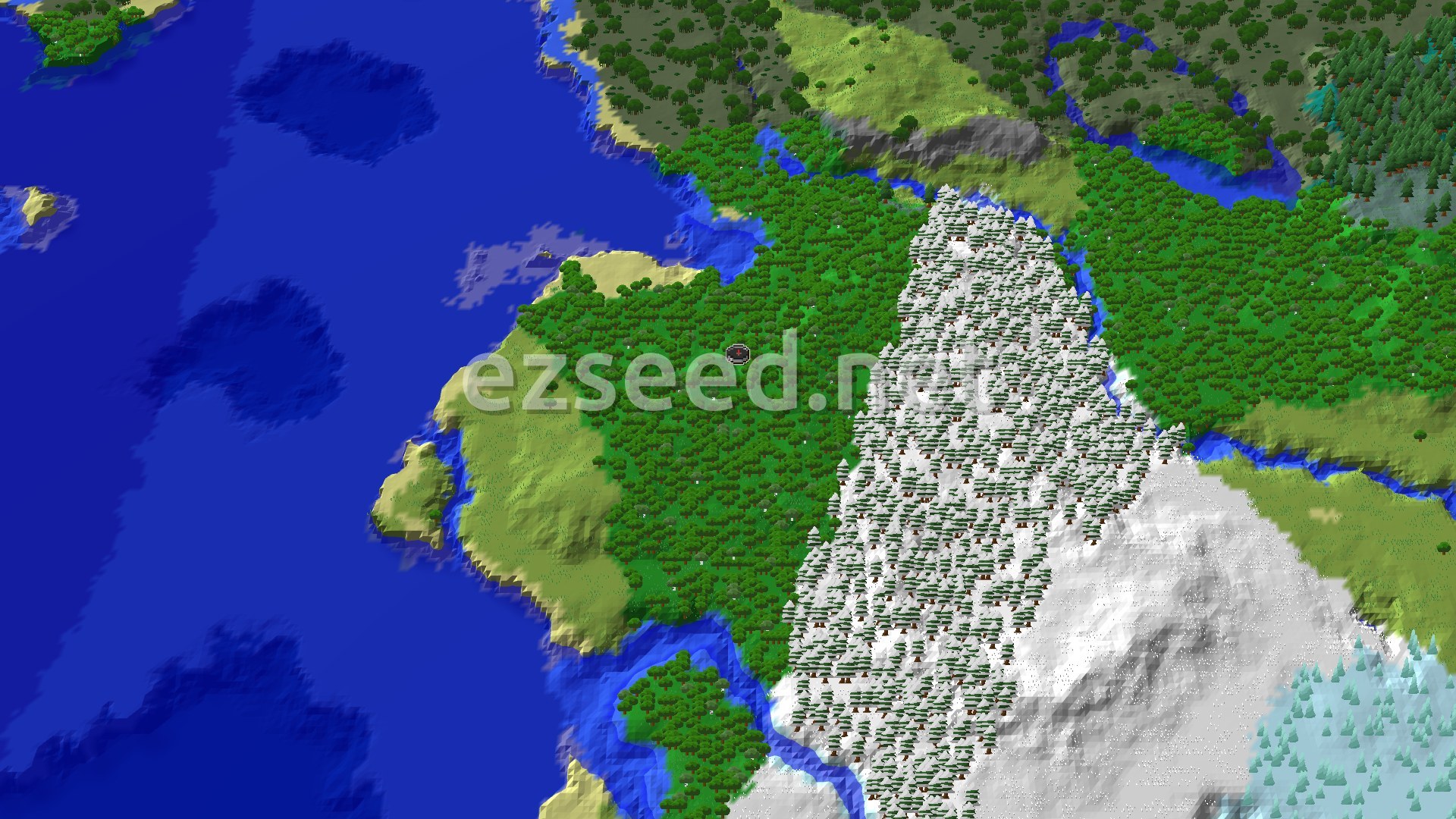 An aerial view of a forest biome with a small spawn marker in the center, flanked by a snowy taiga to the east and a large ocean to the west, with a river winding through the landscape.