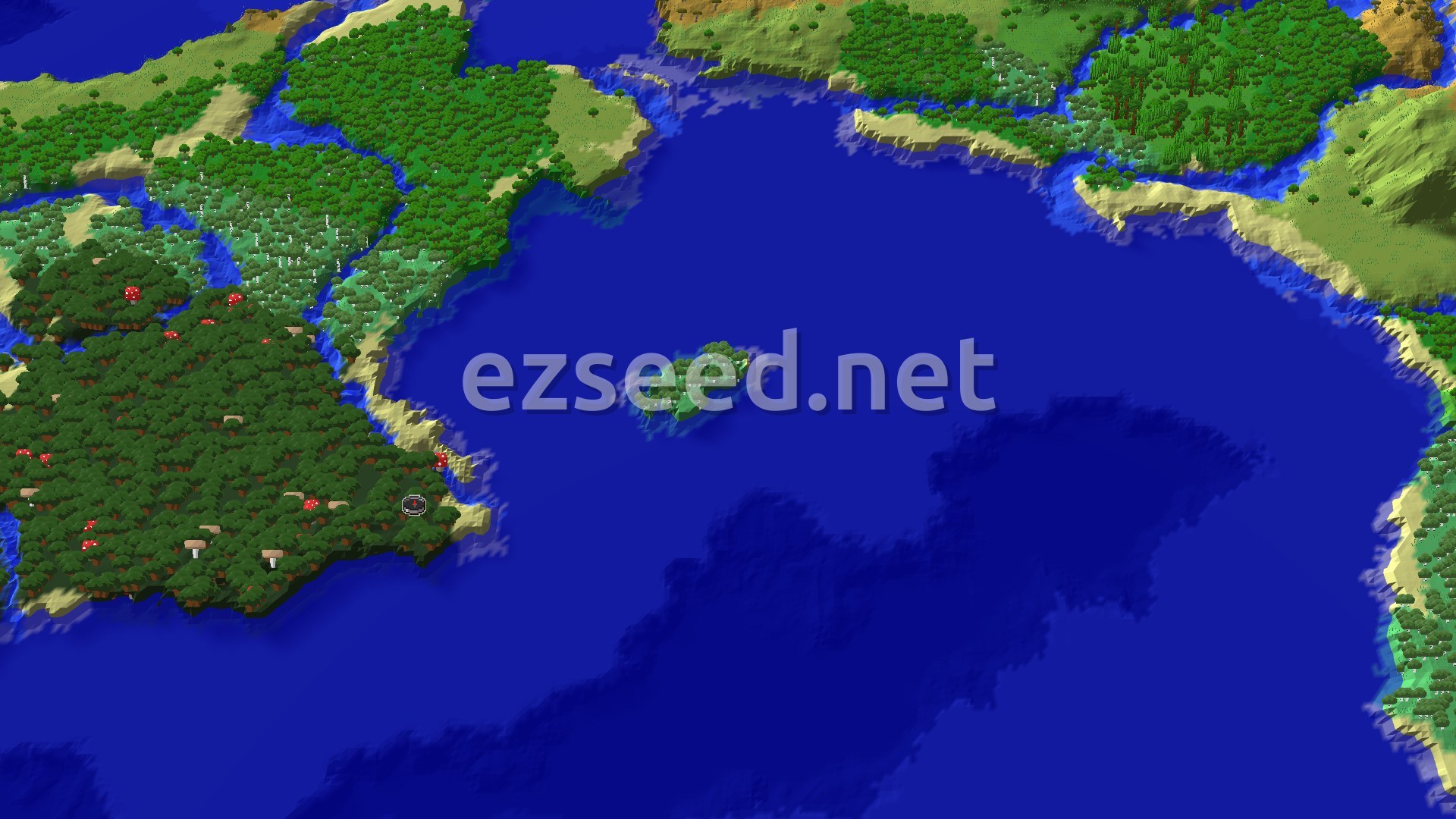 Aerial Minecraft seed map — Dark Forest Island Spawn with Nearby Shipwreck